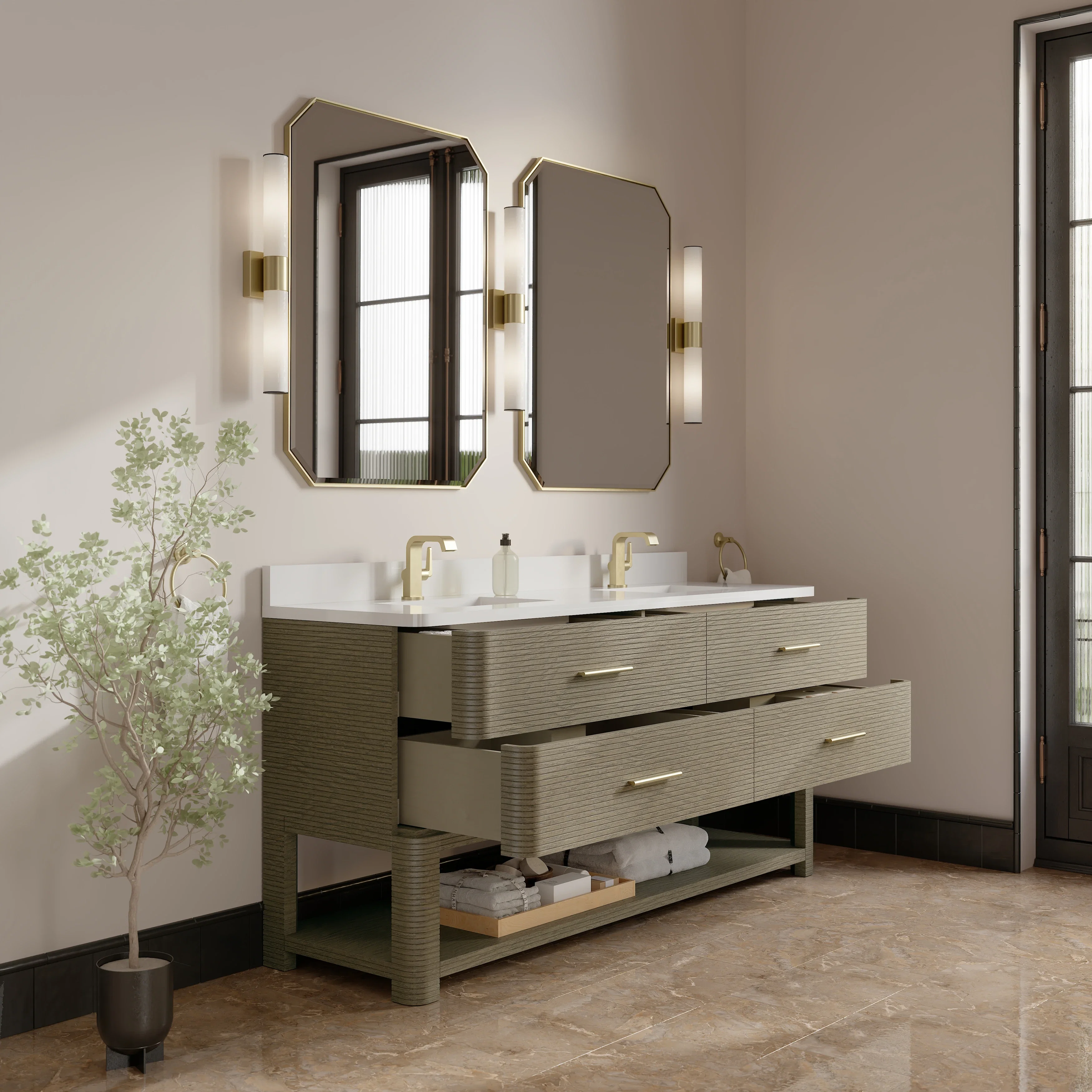 Lucian 72" Double Vanity, Pebble Oak w/ 3 CM White Zeus Silestone Top