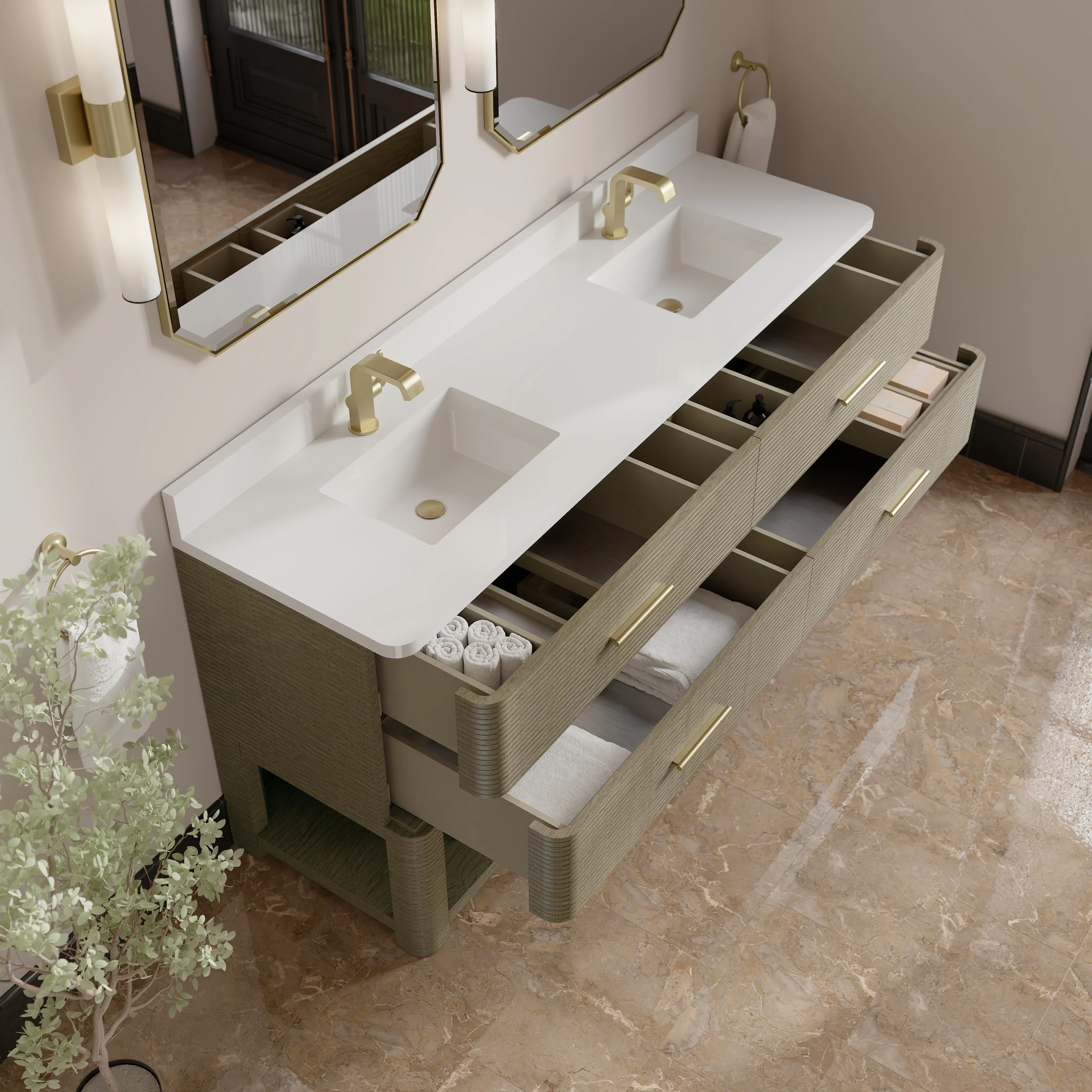 Lucian 72" Double Vanity, Pebble Oak w/ 3 CM White Zeus Silestone Top