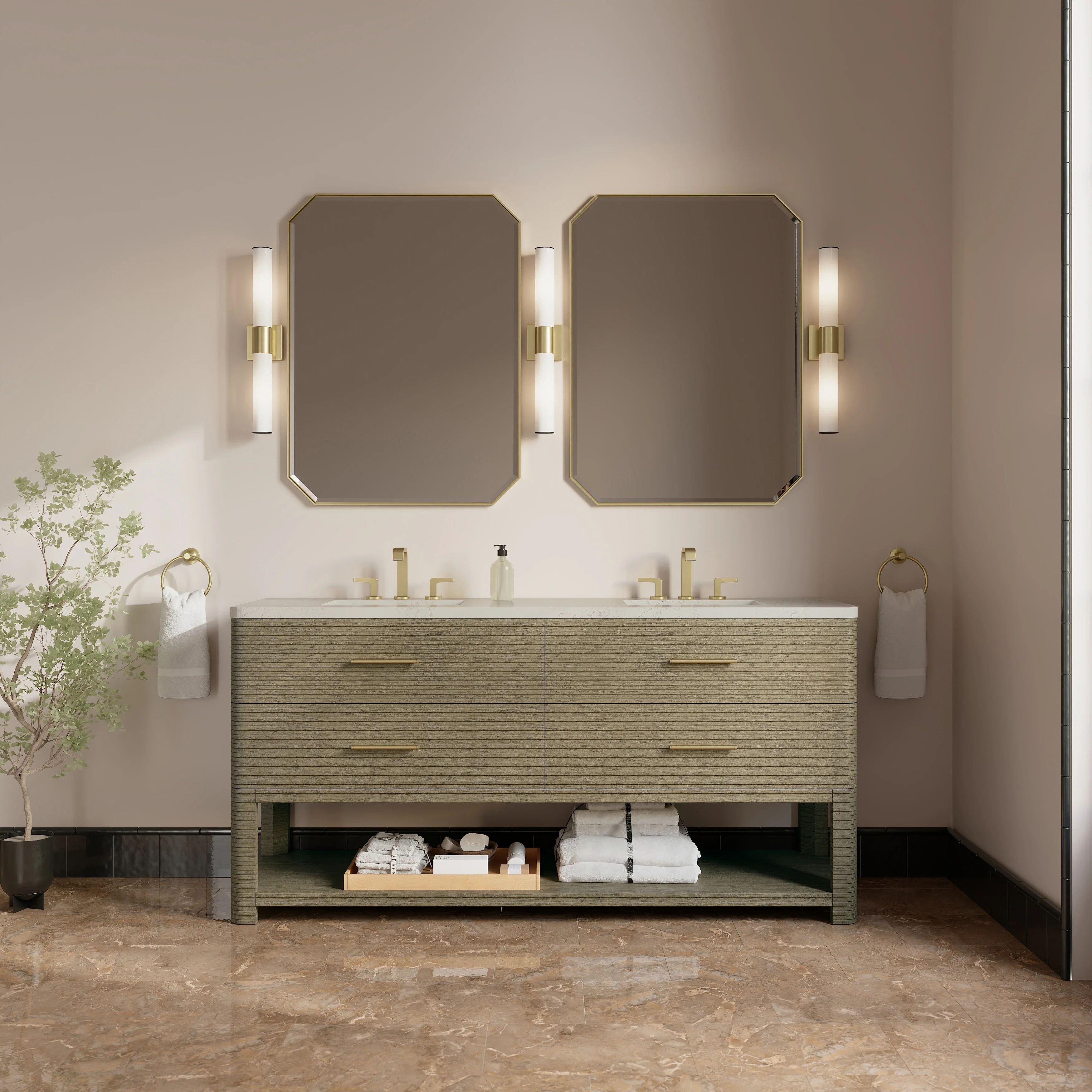 Lucian 72" Double Vanity, Pebble Oak, w/ 3 CM Siberian Silestone Top w/FreePower Wireless Charger