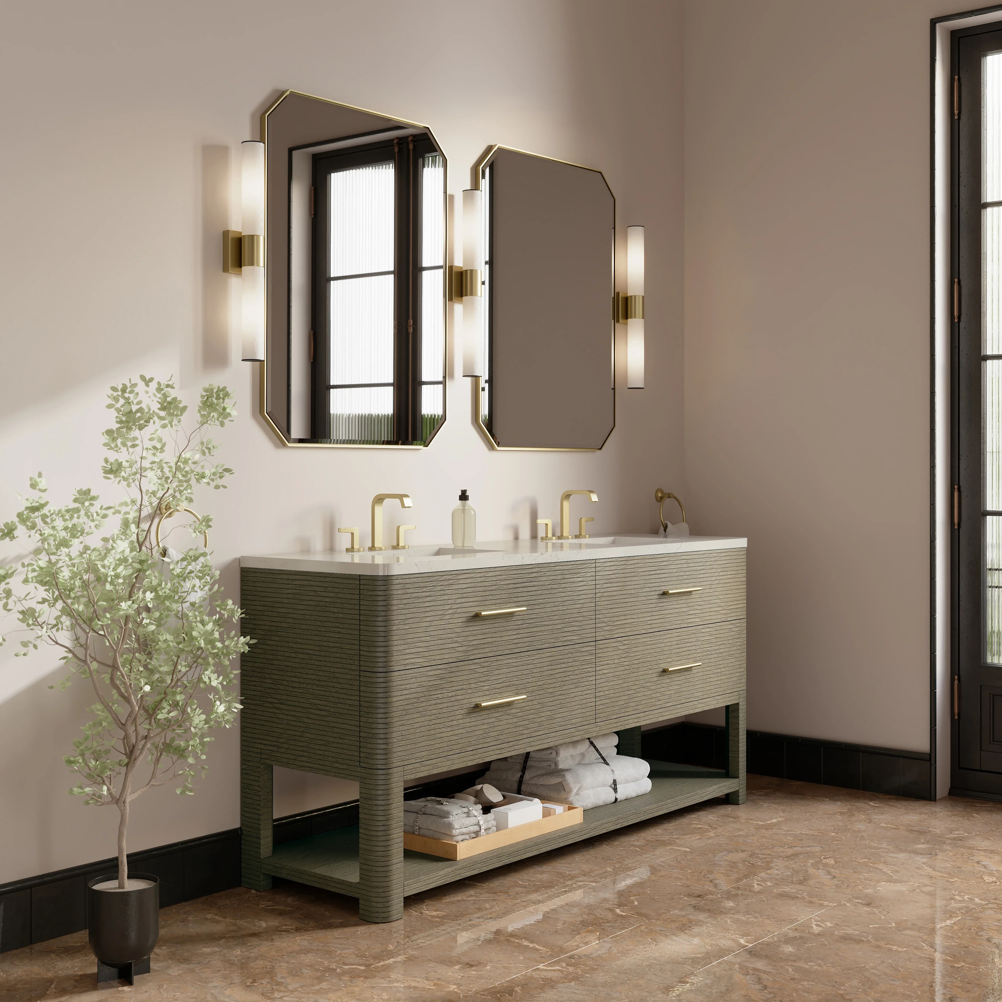 Lucian 72" Double Vanity, Pebble Oak, w/ 3 CM Siberian Silestone Top w/FreePower Wireless Charger