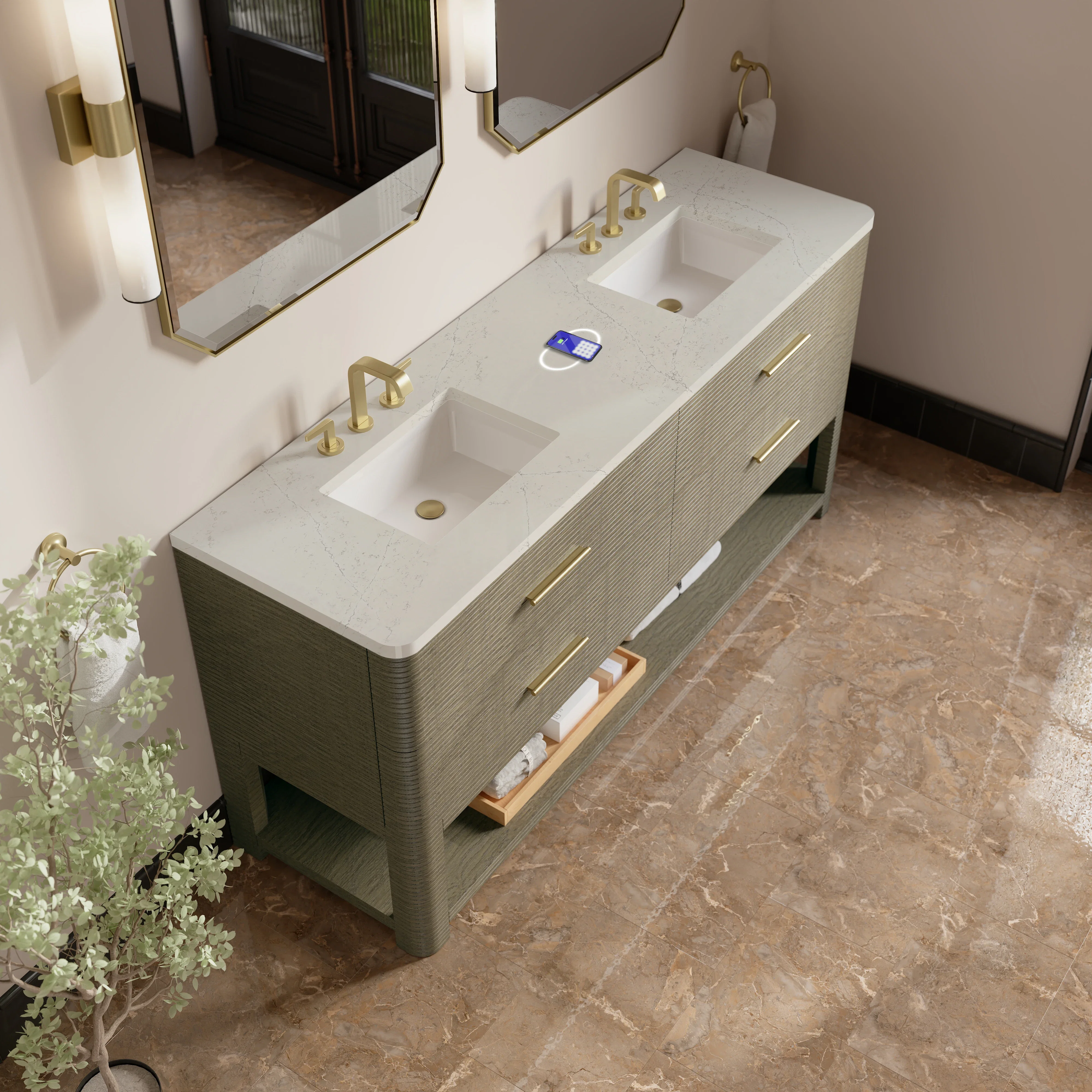 Lucian 72" Double Vanity, Pebble Oak, w/ 3 CM Siberian Silestone Top w/FreePower Wireless Charger