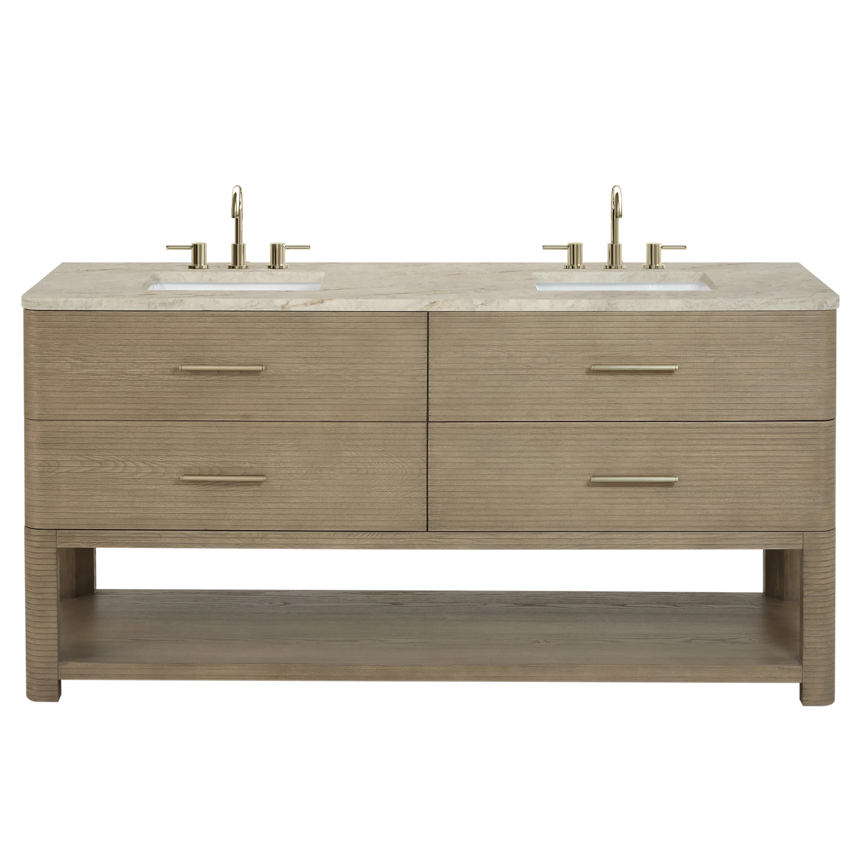 Lucian 72" Double Vanity, Pebble Oak, w/ 3 CM Tajnar Eclos Top w/FreePower Wireless Charger