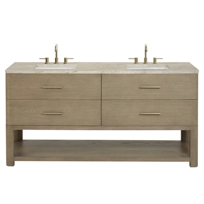 Lucian 72" Double Vanity, Pebble Oak, w/ 3 CM Tajnar Eclos Top w/FreePower Wireless Charger