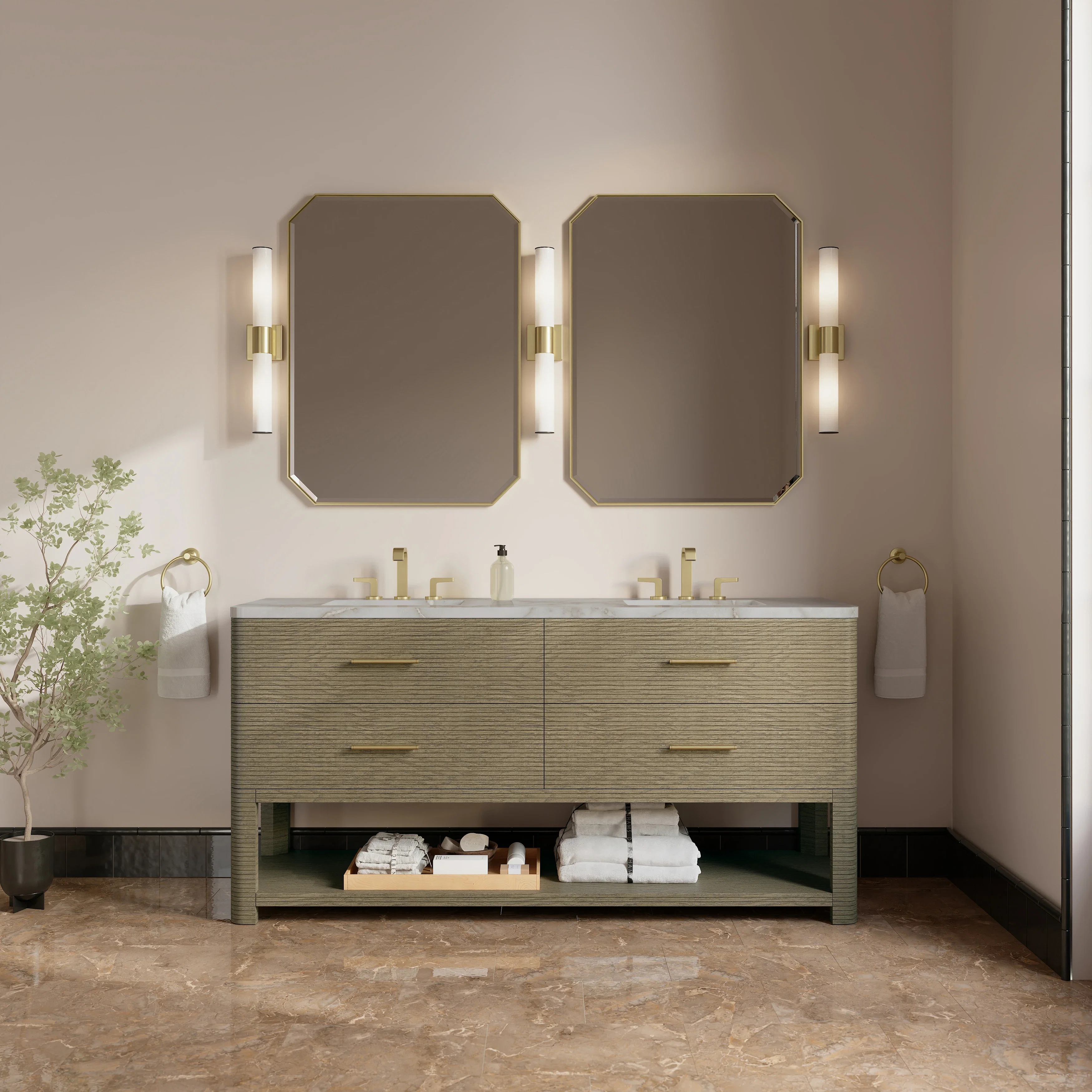 Lucian 72" Double Vanity, Pebble Oak w/ 3 CM Victorian Silver Silestone Top w/FreePower Wireless Charger