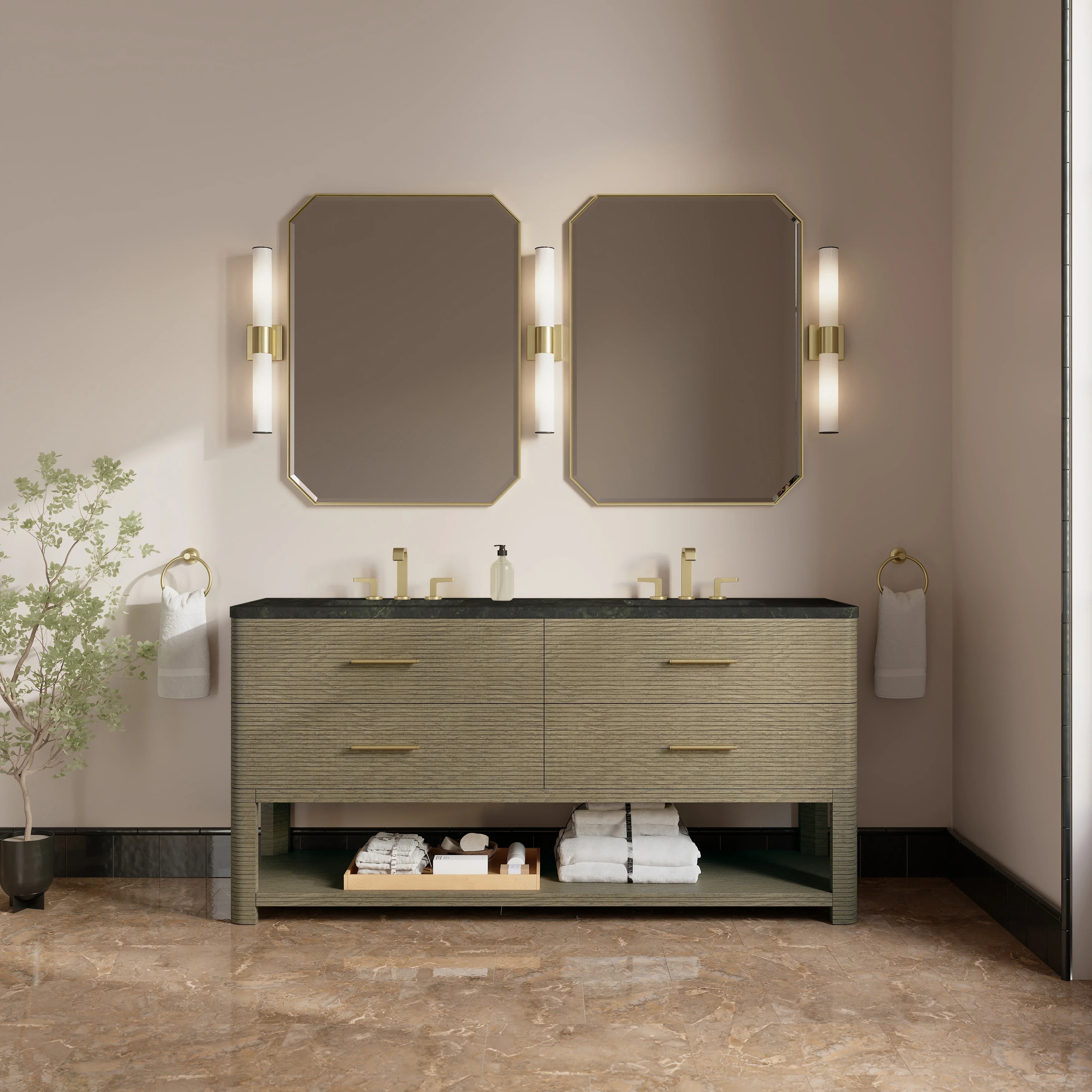 Lucian 72" Double Vanity, Pebble Oak, w/ 3 CM Phantome Eclos Widespread Top