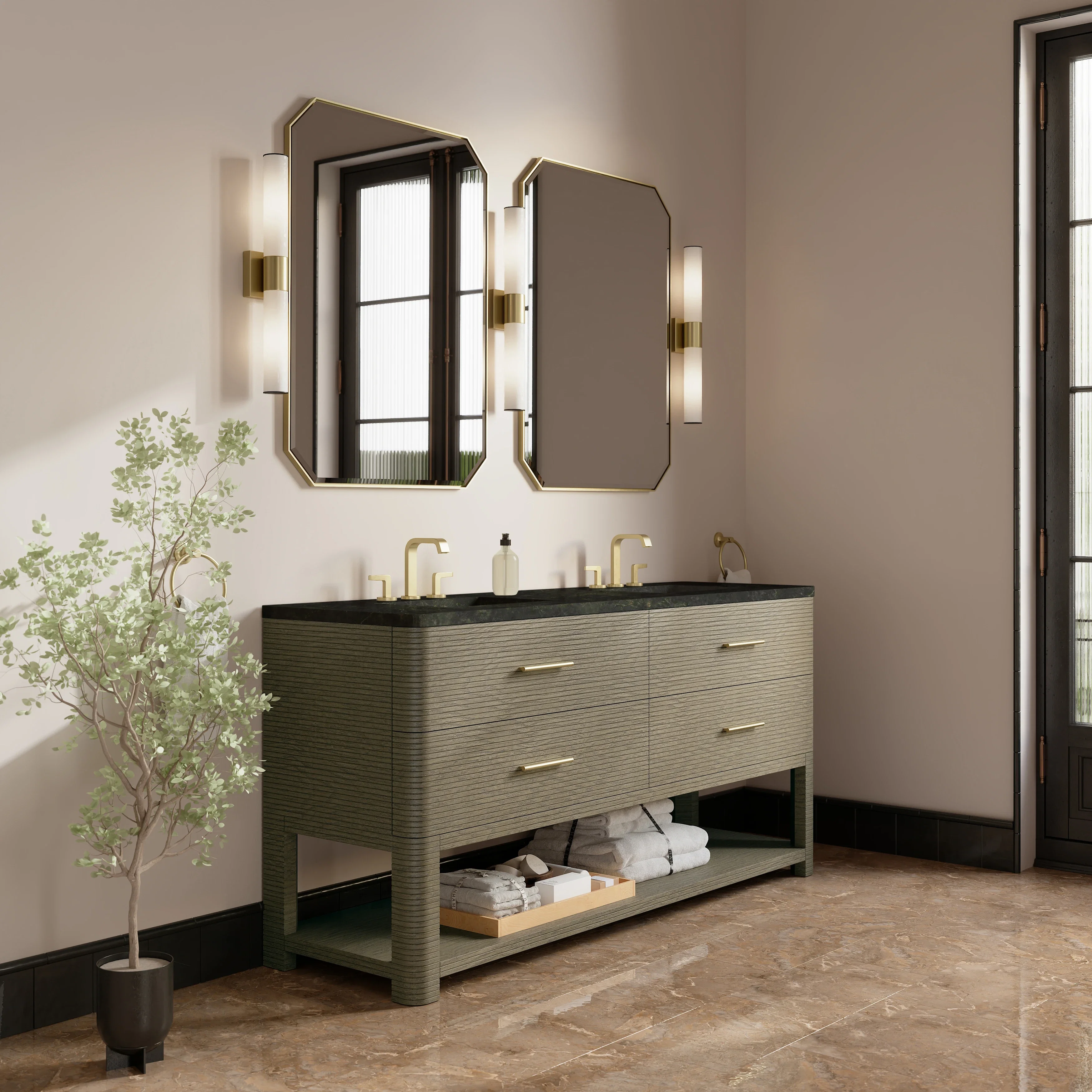 Lucian 72" Double Vanity, Pebble Oak, w/ 3 CM Phantome Eclos Widespread Top