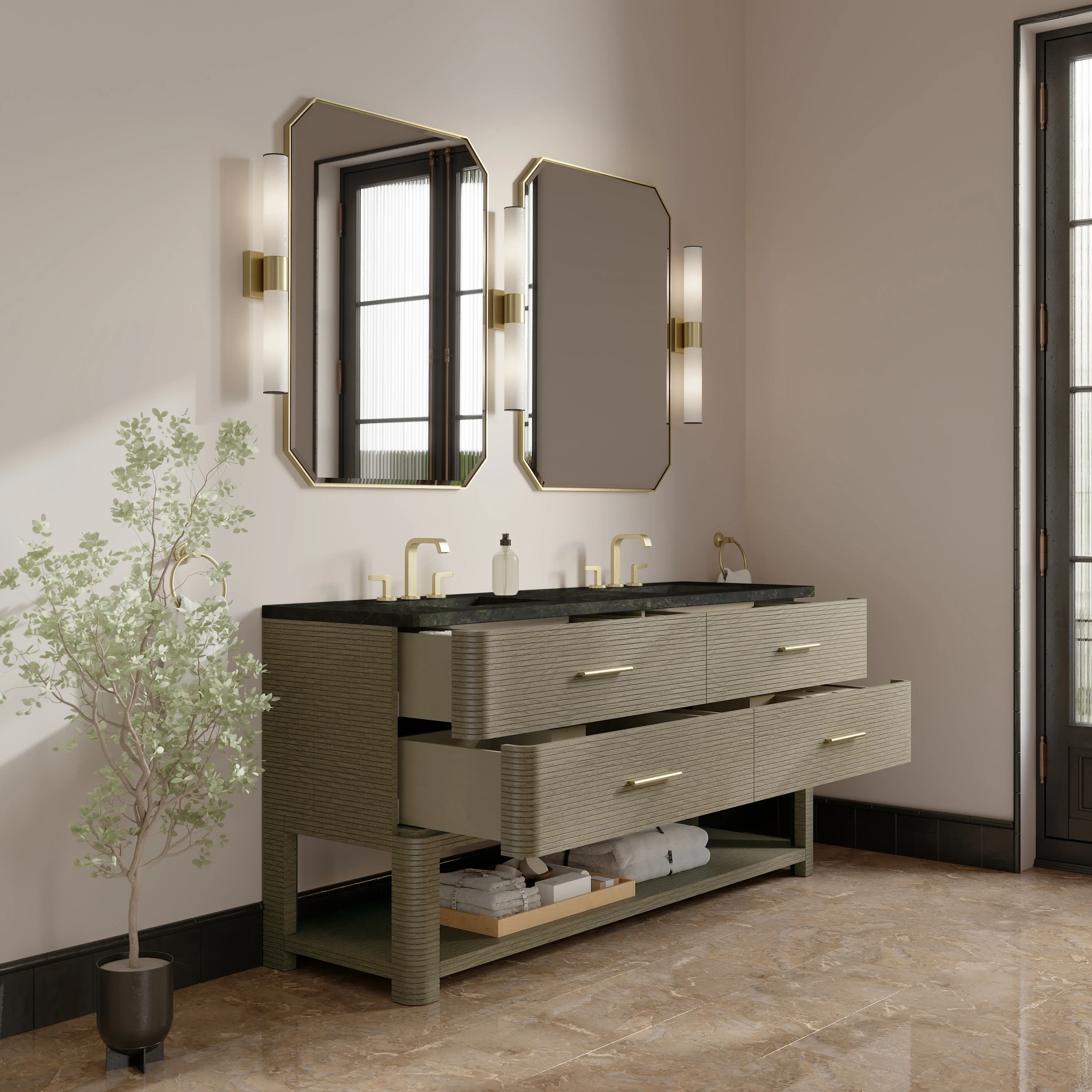 Lucian 72" Double Vanity, Pebble Oak, w/ 3 CM Phantome Eclos Widespread Top