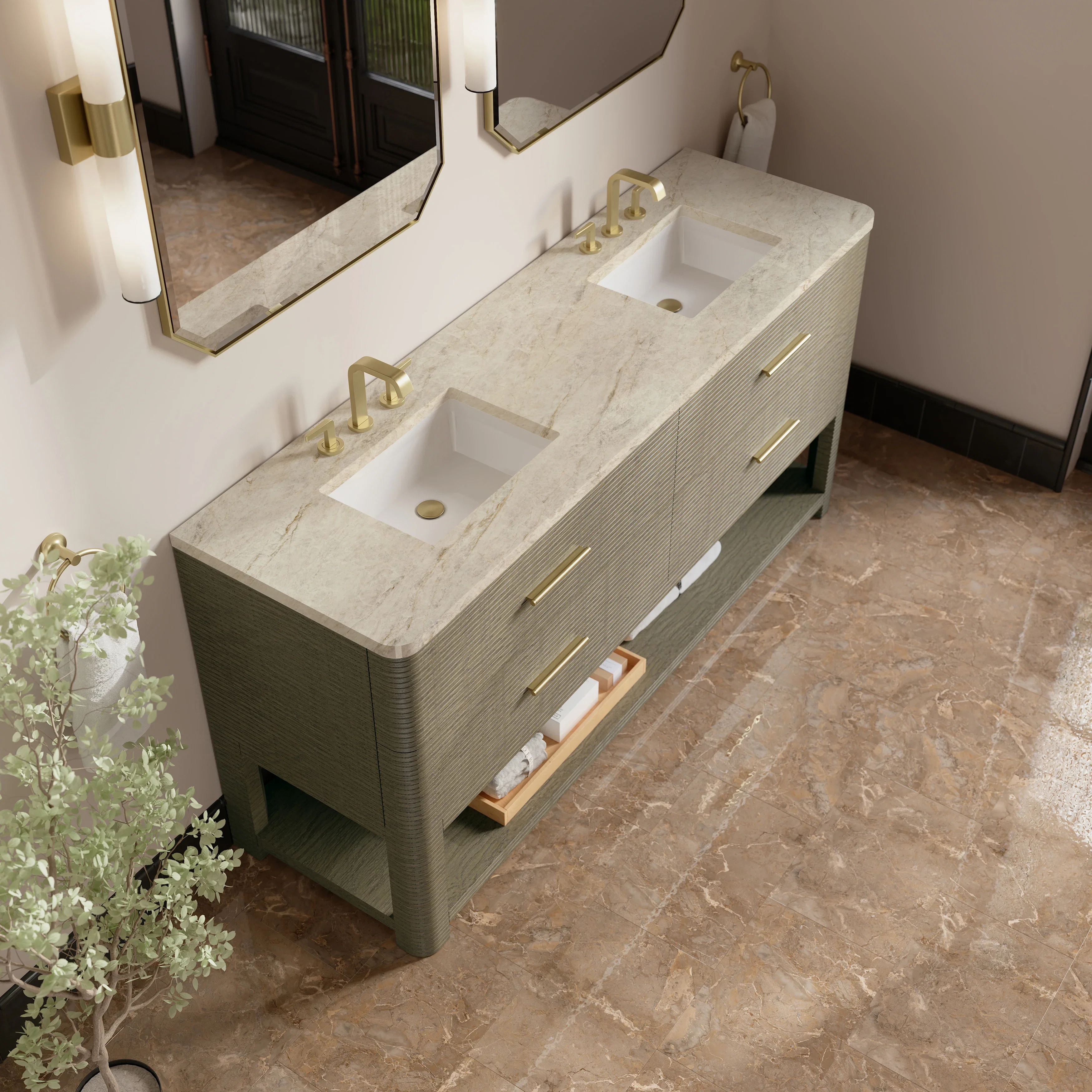 Lucian 72" Double Vanity, Pebble Oak, w/ 3 CM Tajnar Eclos Widespread Top