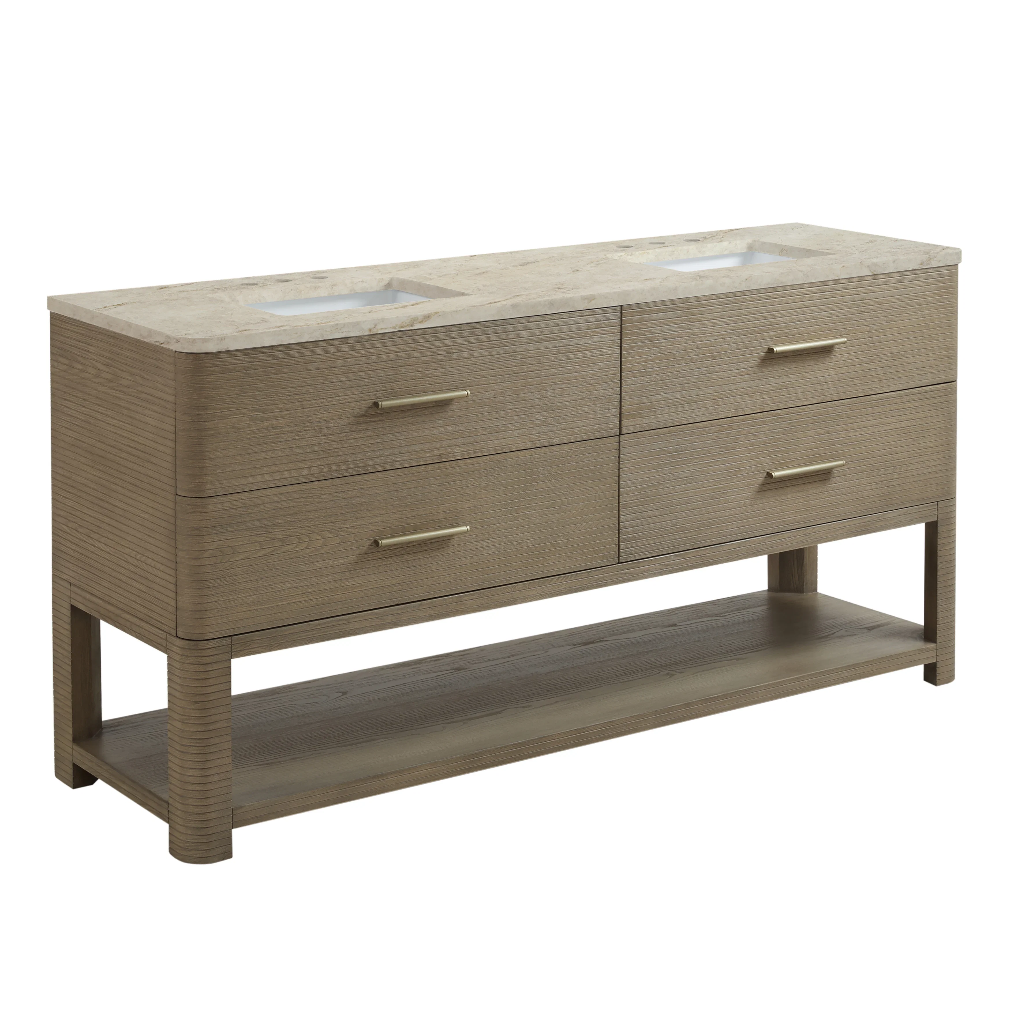 Lucian 72" Double Vanity, Pebble Oak, w/ 3 CM Tajnar Eclos Widespread Top
