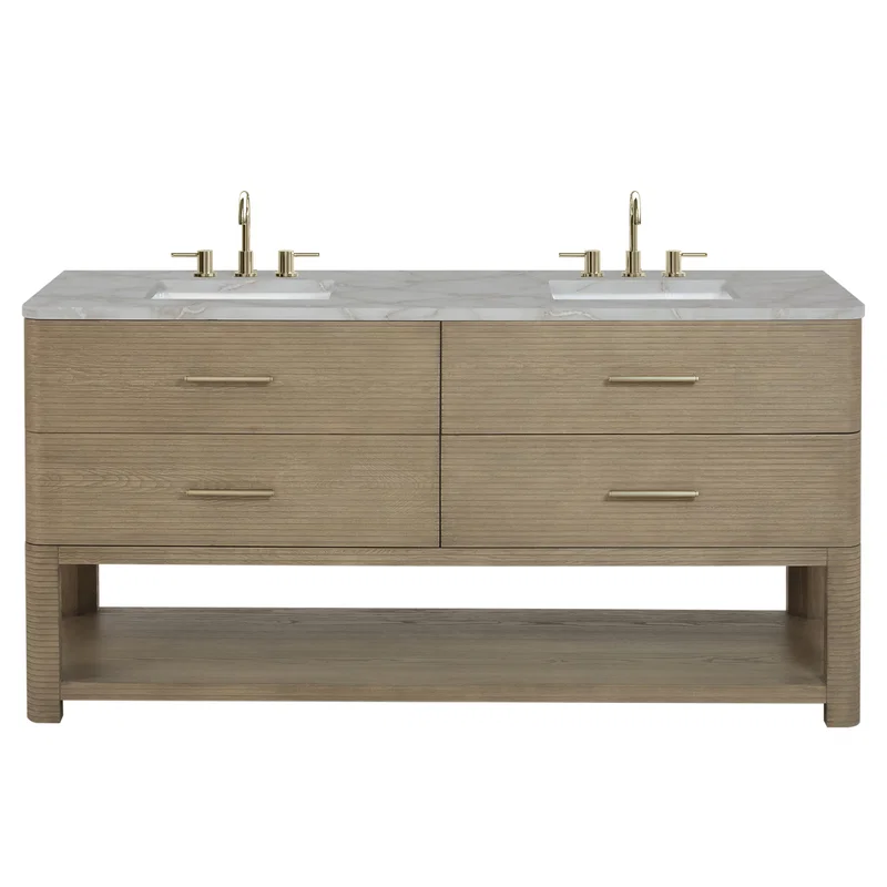 Lucian 72" Double Vanity, Pebble Oak w/ 3 CM Victorian Silver Silestone Widespread Top