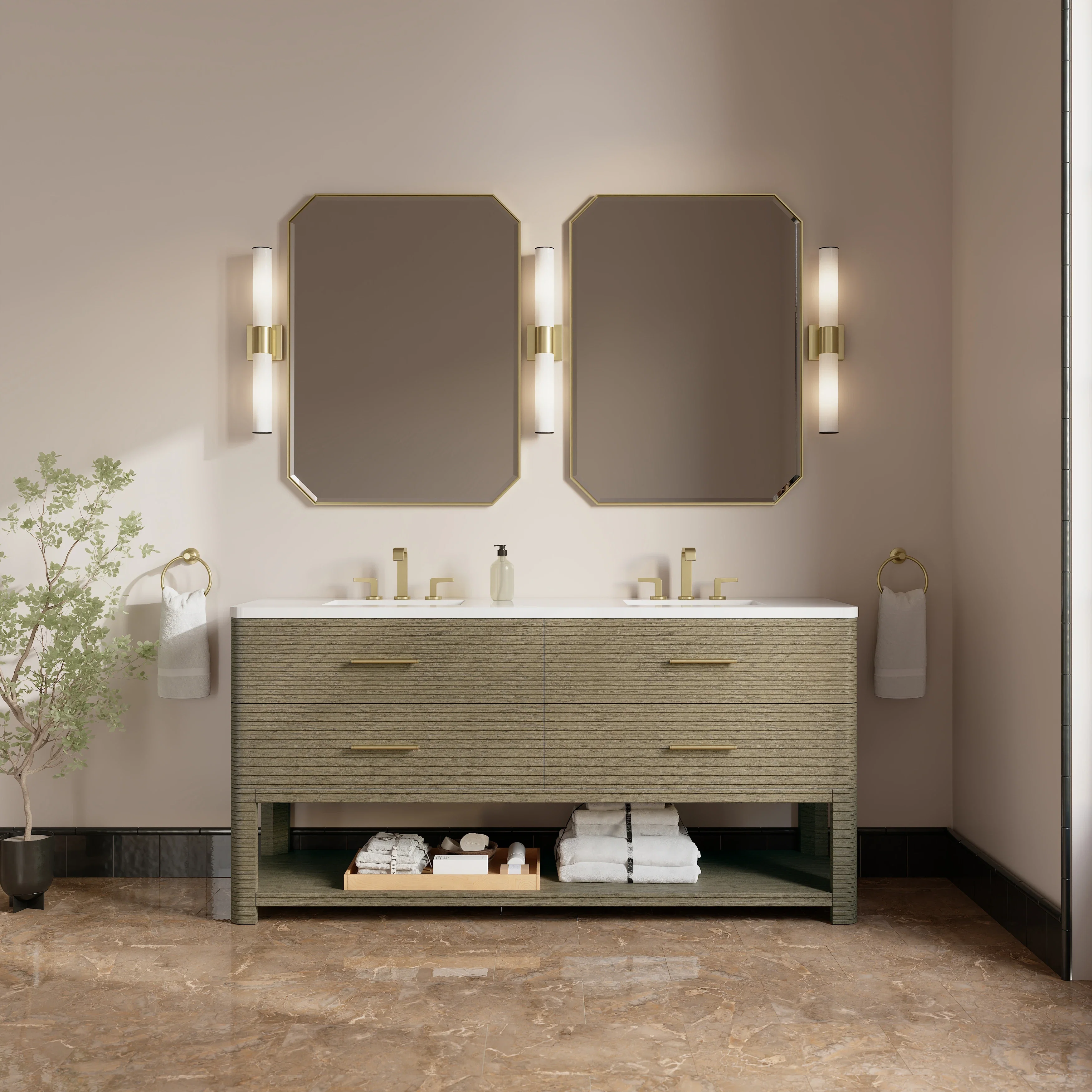 Lucian 72" Double Vanity, Pebble Oak w/ 3 CM White Zeus Silestone Widespread Top