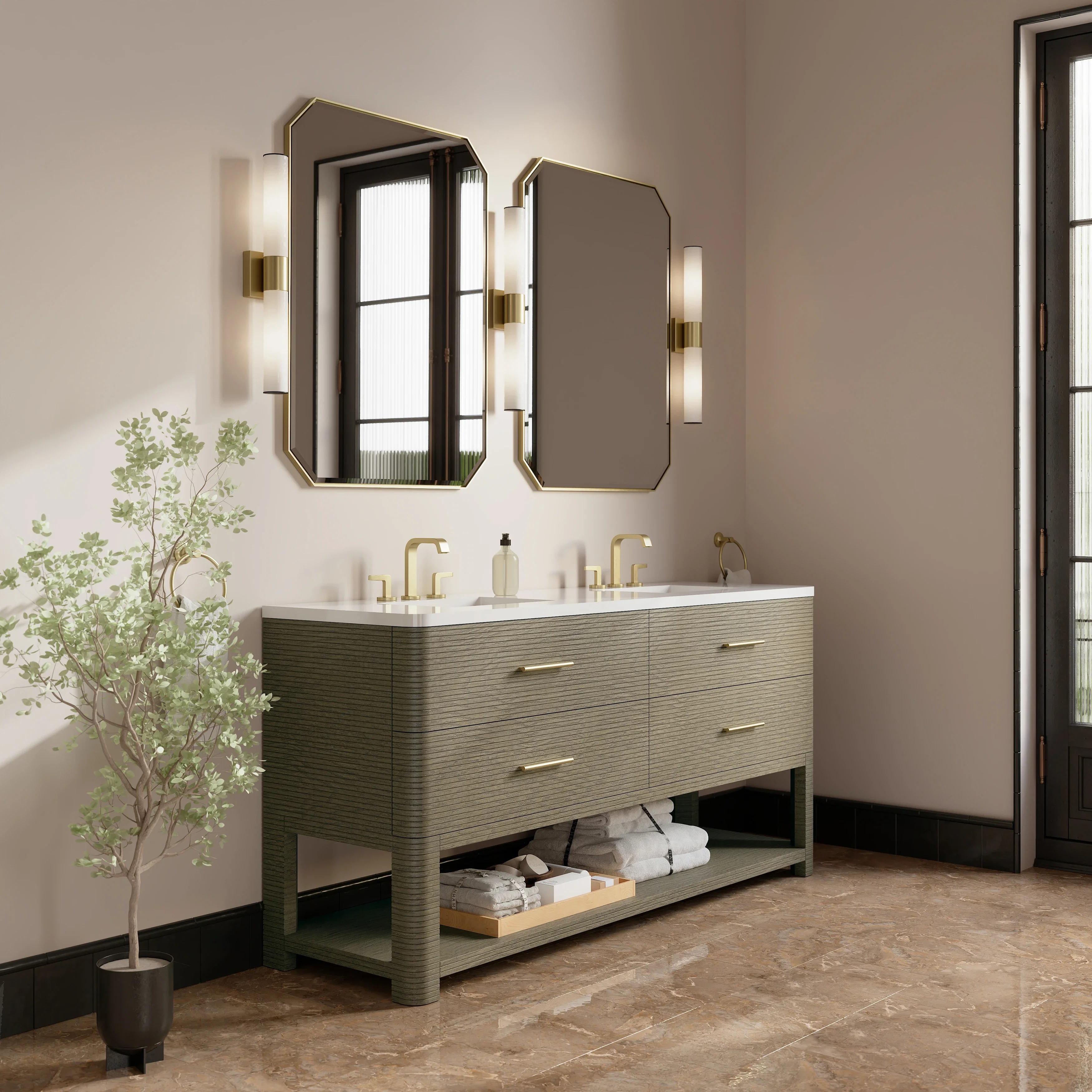 Lucian 72" Double Vanity, Pebble Oak w/ 3 CM White Zeus Silestone Widespread Top