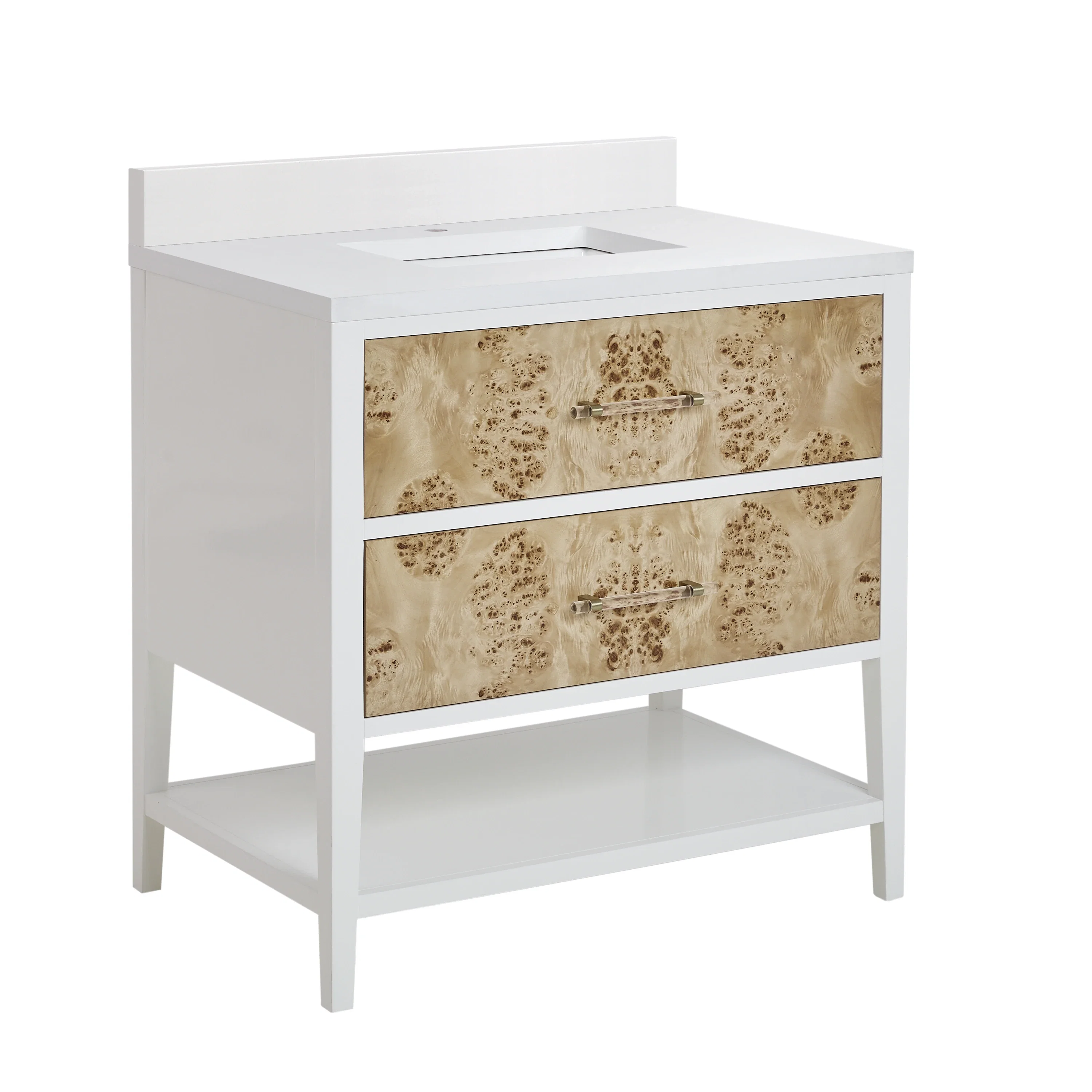 Olena 36" Single Vanity, Light Mappa Burl and Polished White w/ Single Hole 3 CM White Zeus Silestone Top & Backsplash