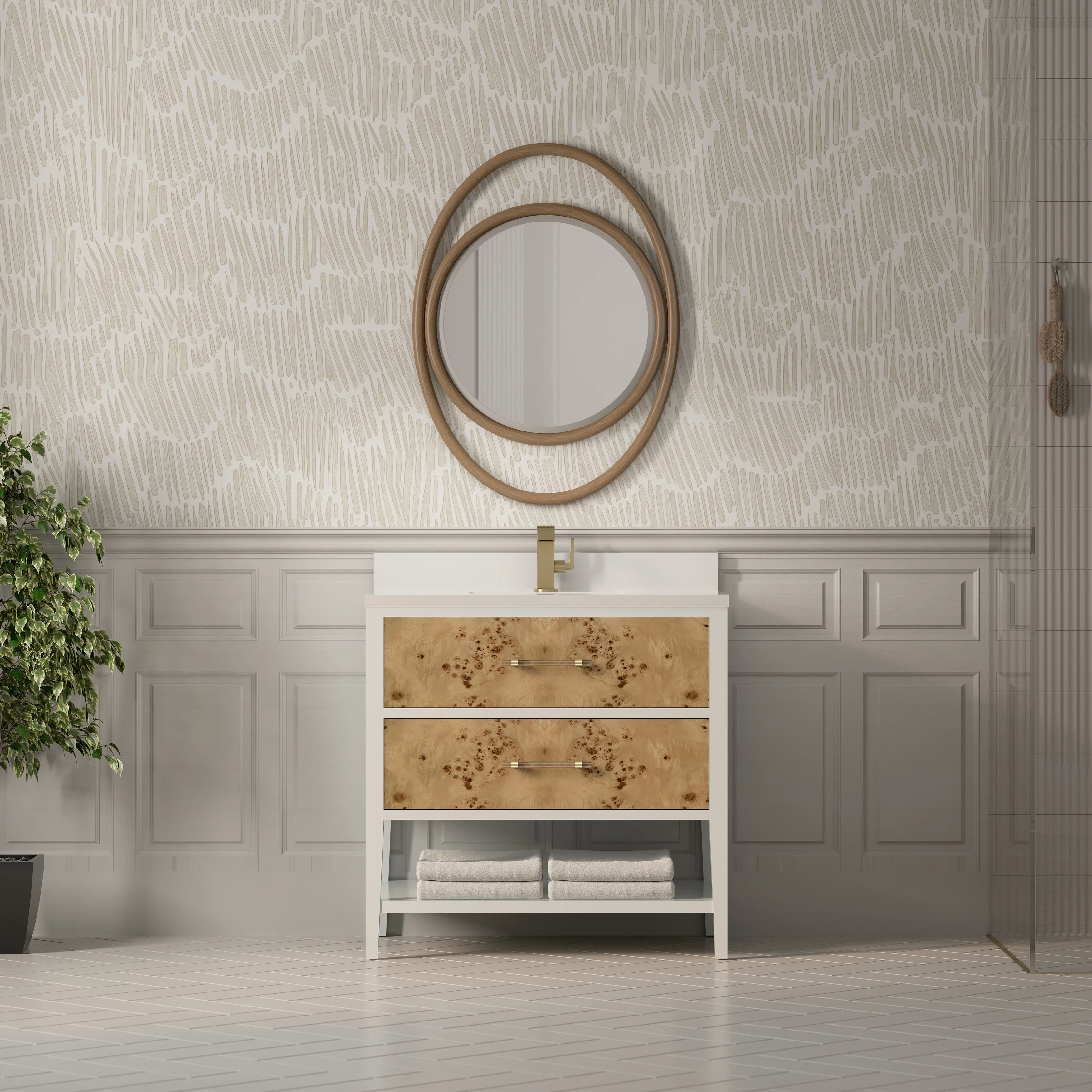 Olena 36" Single Vanity, Light Mappa Burl and Polished White w/ Single Hole 3 CM White Zeus Silestone Top & Backsplash