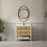 Olena 36" Single Vanity, Light Mappa Burl and Polished White w/ Single Hole 3 CM White Zeus Silestone Top & Backsplash