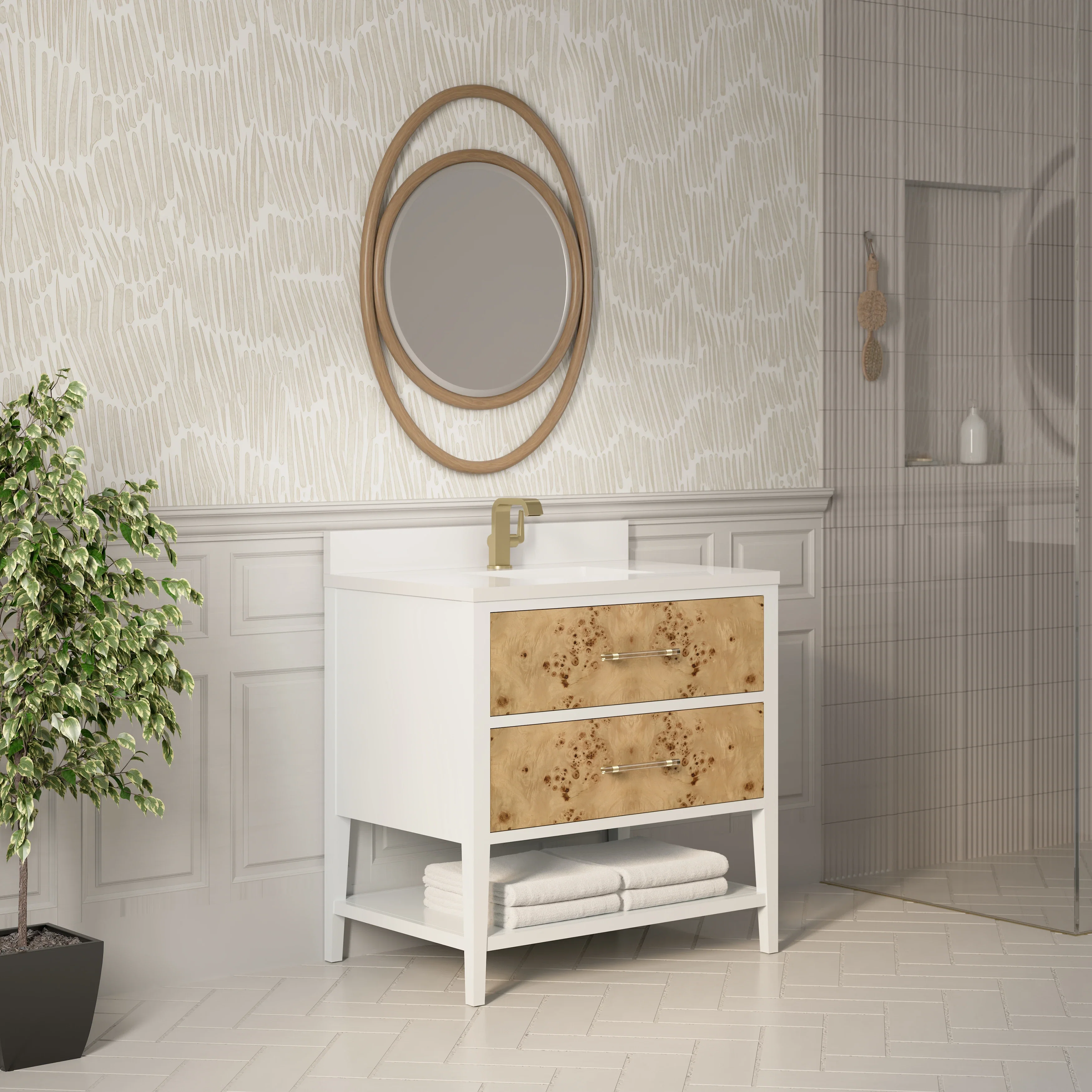 Olena 36" Single Vanity, Light Mappa Burl and Polished White w/ Single Hole 3 CM White Zeus Silestone Top & Backsplash
