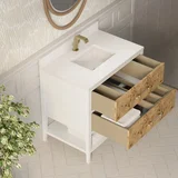 Olena 36" Single Vanity, Light Mappa Burl and Polished White w/ Single Hole 3 CM White Zeus Silestone Top & Backsplash