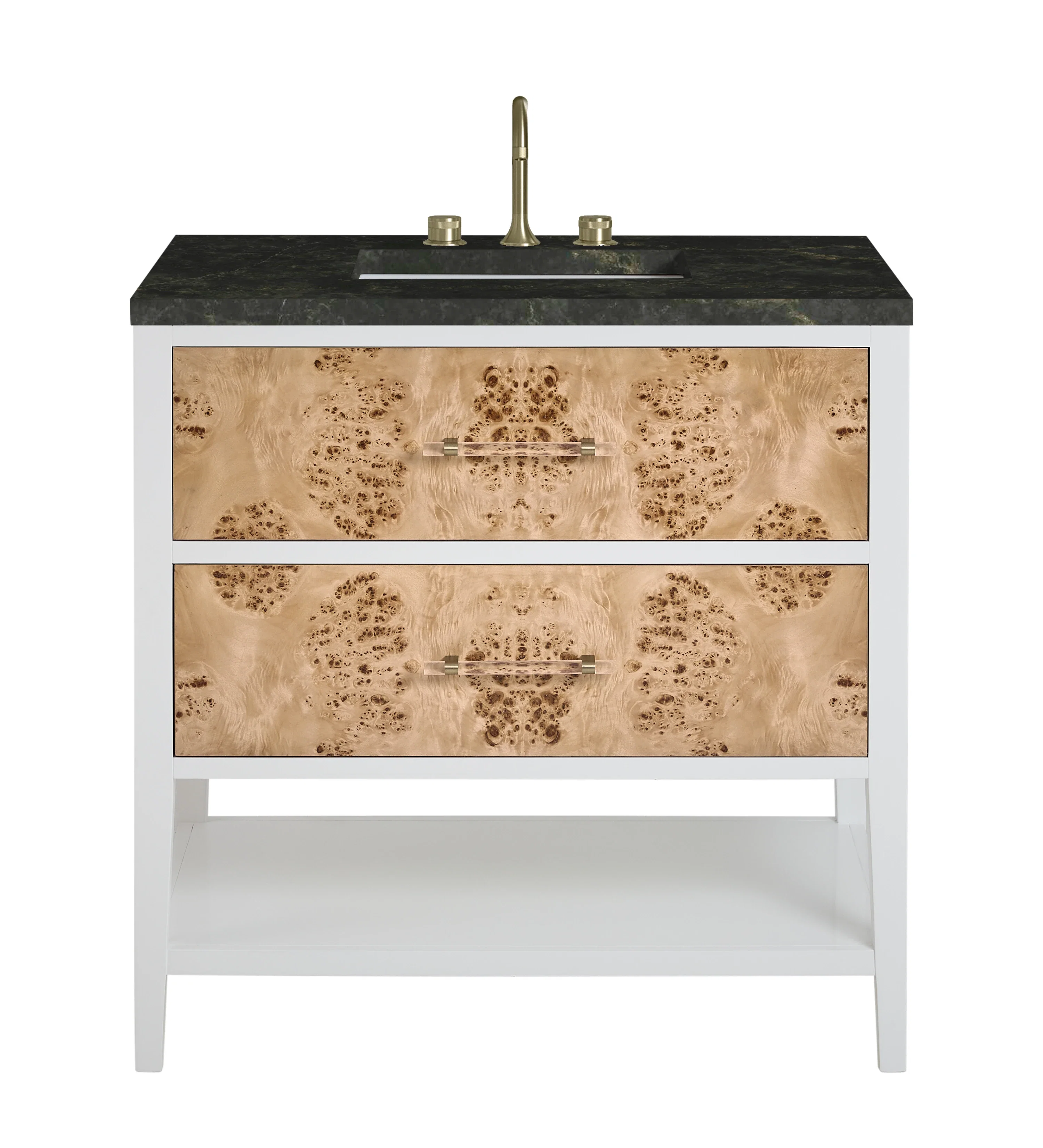Olena 36" Single Vanity, Light Mappa Burl and Polished White, w/ 3 CM Phantome Eclos Top