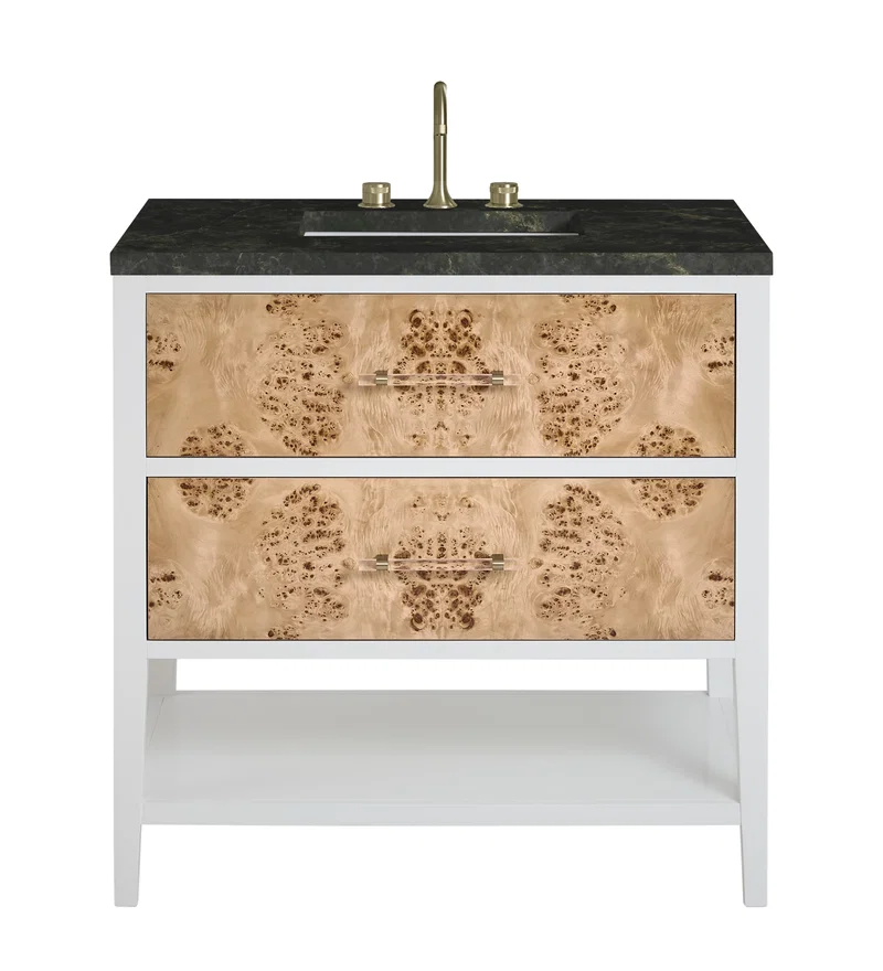 Olena 36" Single Vanity, Light Mappa Burl and Polished White, w/ 3 CM Phantome Eclos Top