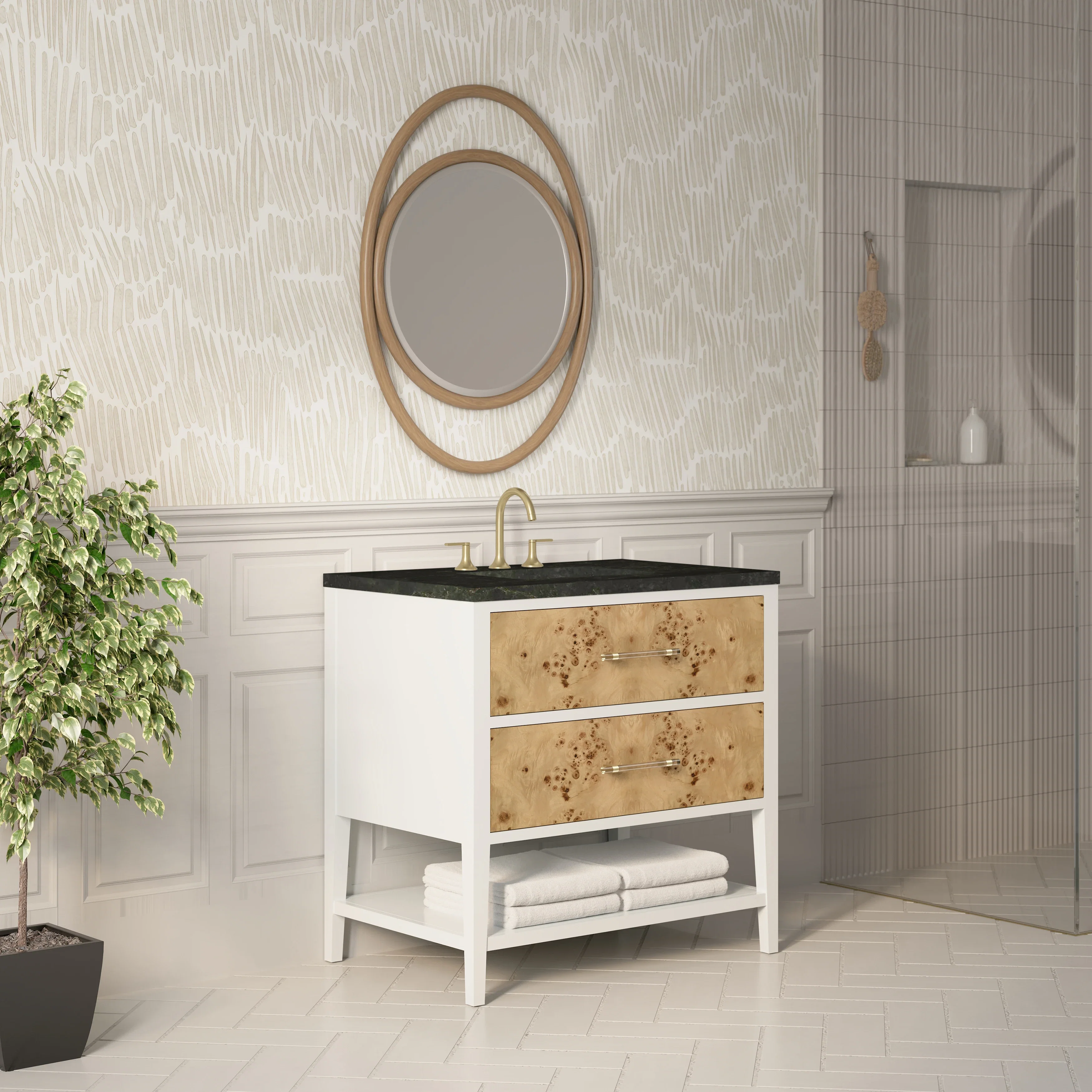 Olena 36" Single Vanity, Light Mappa Burl and Polished White, w/ 3 CM Phantome Eclos Top