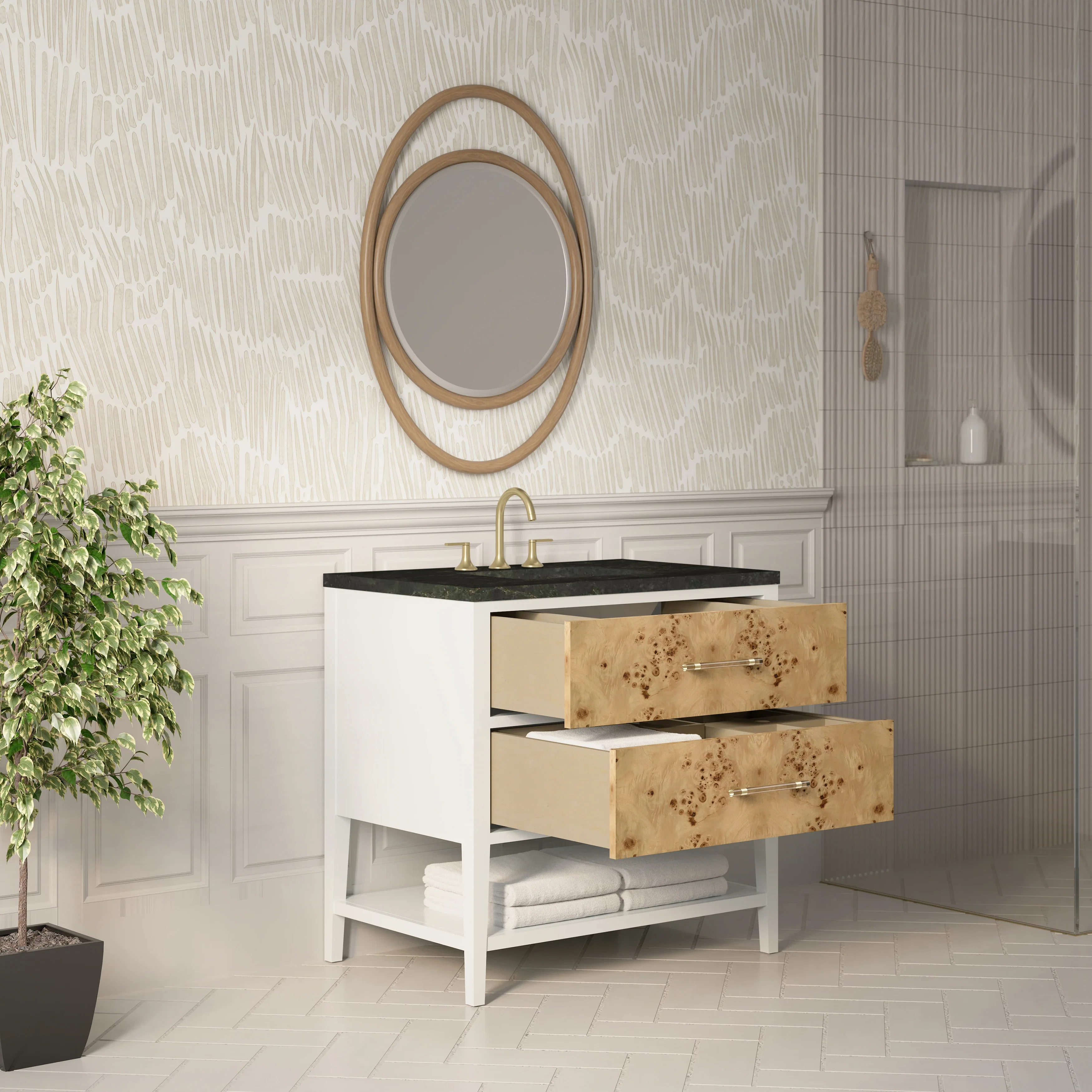 Olena 36" Single Vanity, Light Mappa Burl and Polished White, w/ 3 CM Phantome Eclos Top