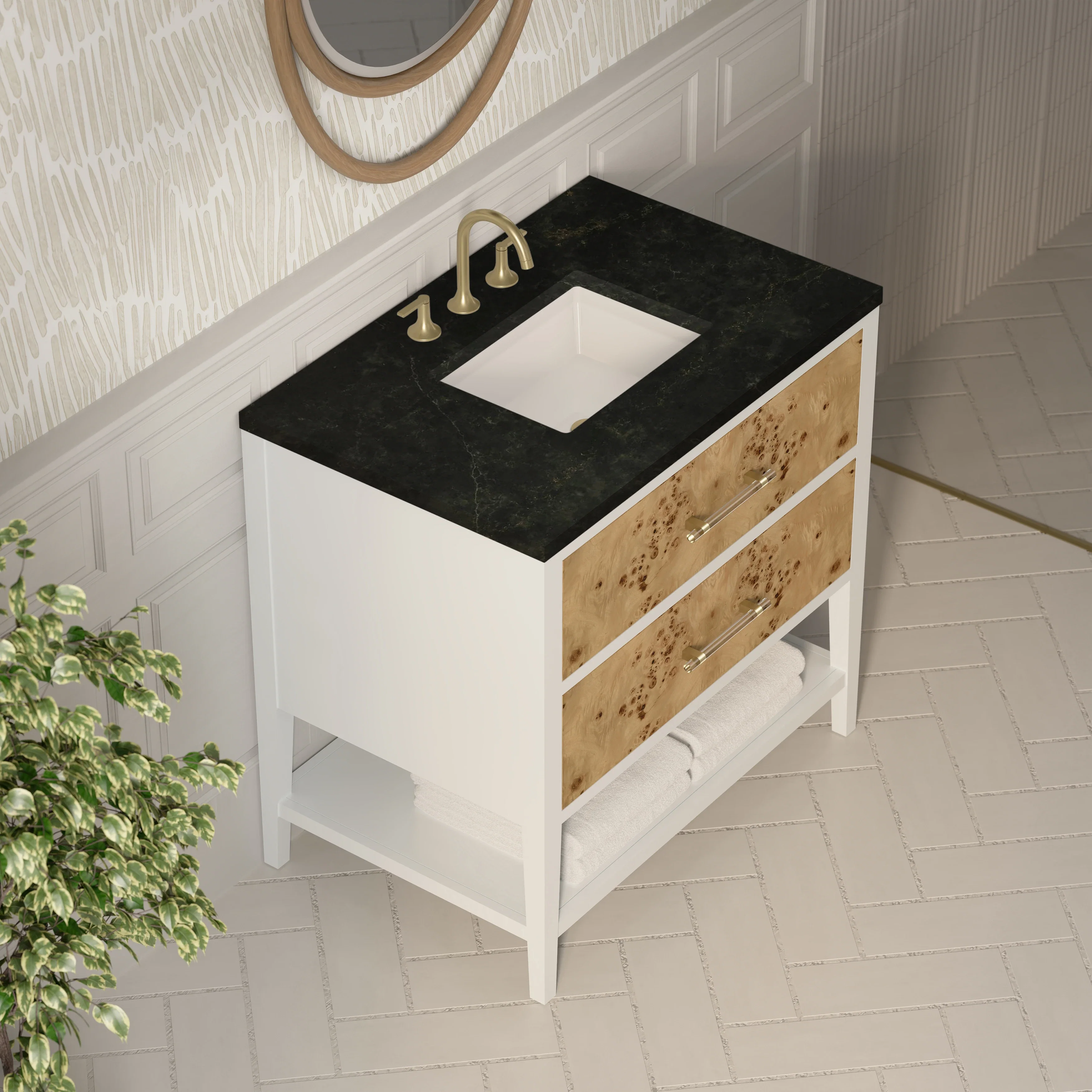 Olena 36" Single Vanity, Light Mappa Burl and Polished White, w/ 3 CM Phantome Eclos Top
