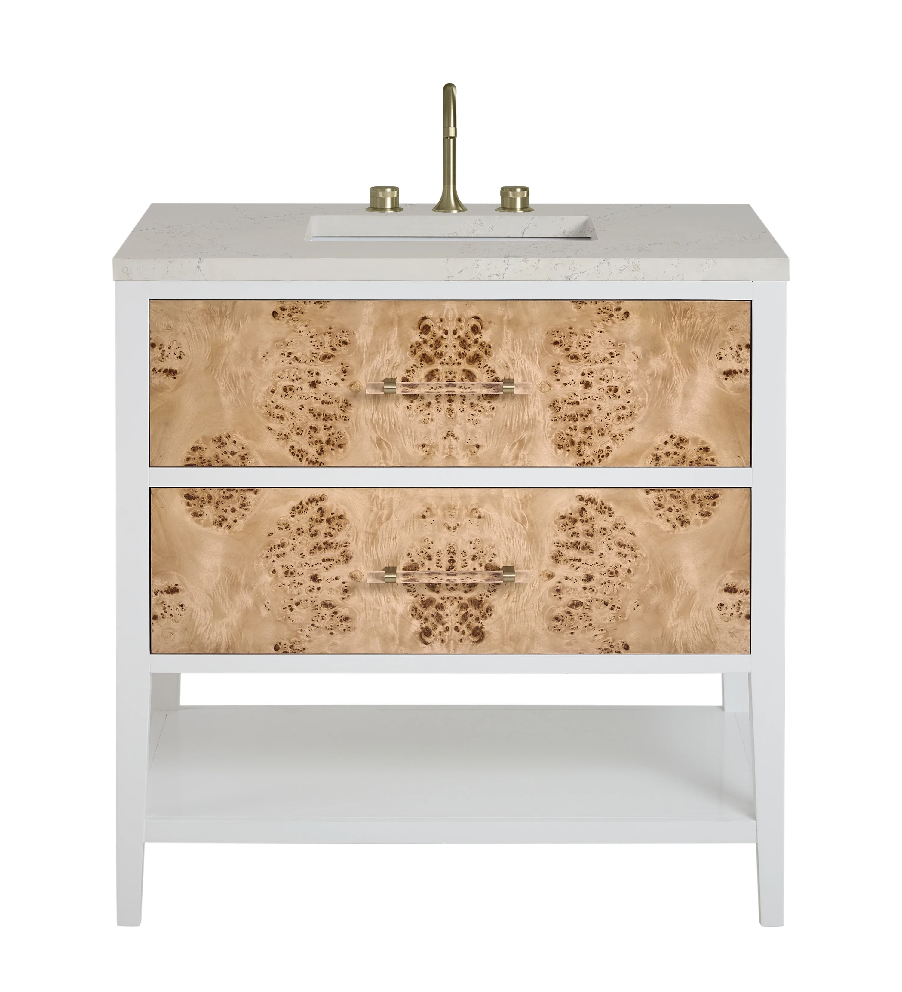 Olena 36" Single Vanity, Light Mappa Burl and Polished White, w/ 3 CM Siberian Silestone Top