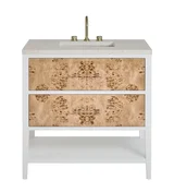 Olena 36" Single Vanity, Light Mappa Burl and Polished White, w/ 3 CM Siberian Silestone Top
