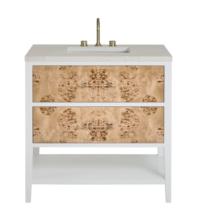 Olena 36" Single Vanity, Light Mappa Burl and Polished White, w/ 3 CM Siberian Silestone Top