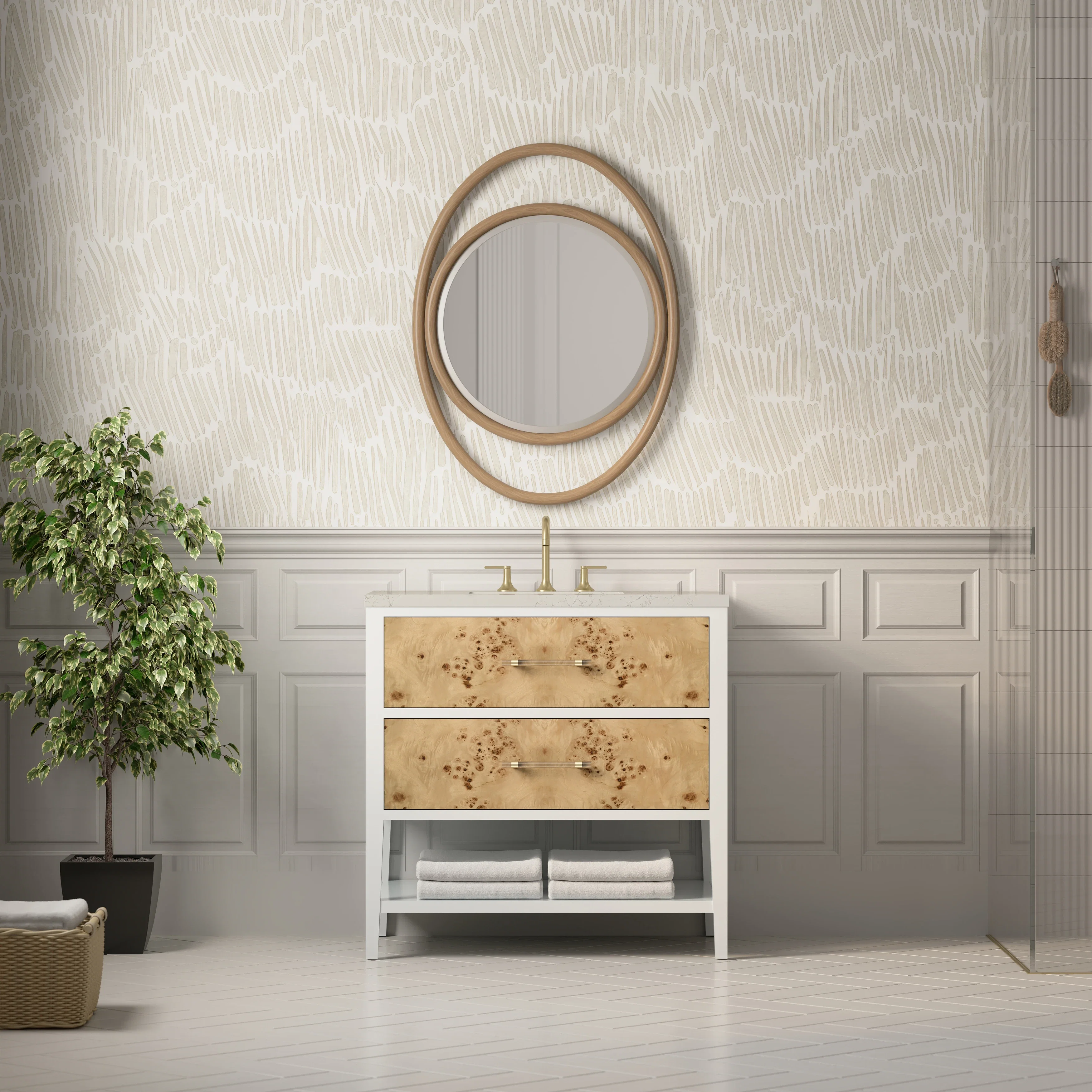 Olena 36" Single Vanity, Light Mappa Burl and Polished White, w/ 3 CM Siberian Silestone Top