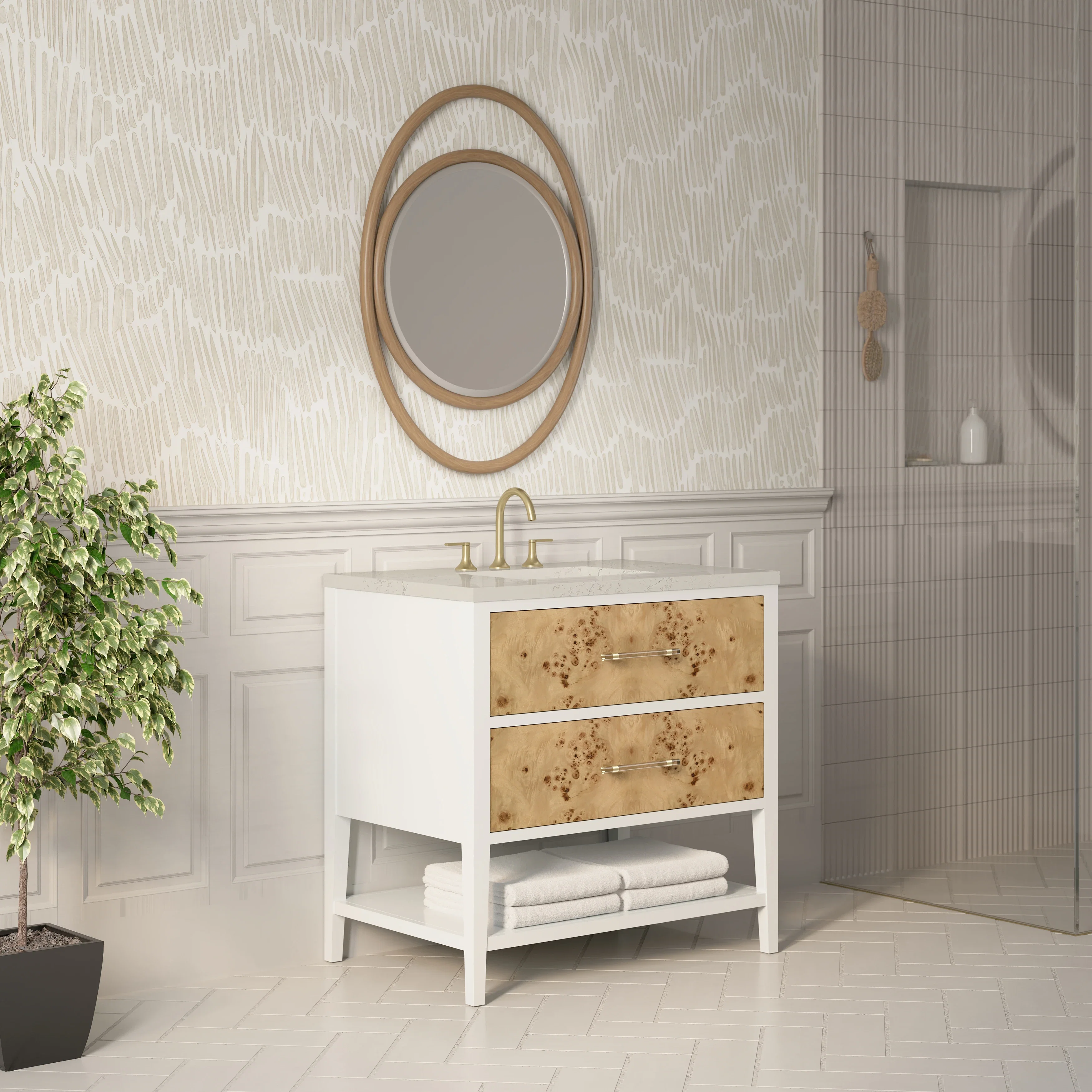 Olena 36" Single Vanity, Light Mappa Burl and Polished White, w/ 3 CM Siberian Silestone Top