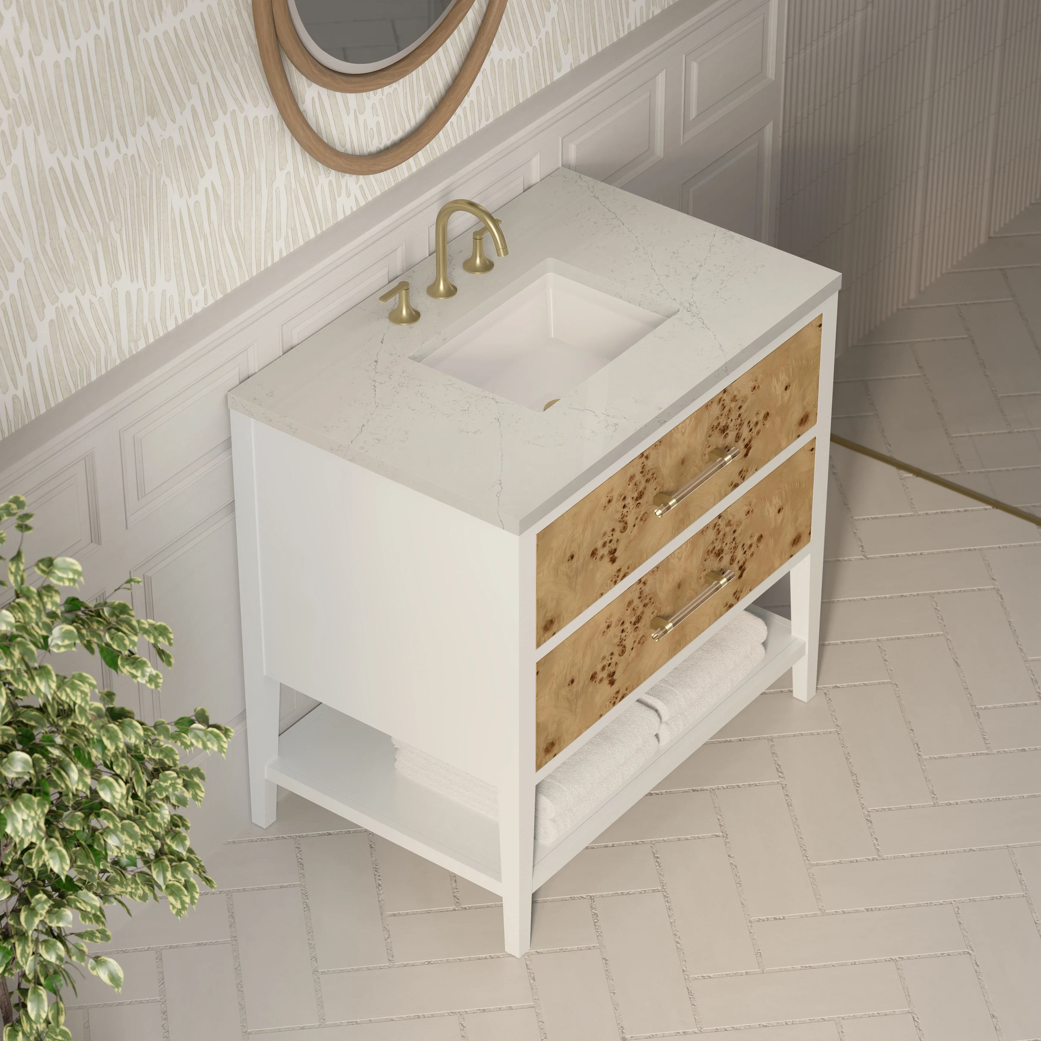 Olena 36" Single Vanity, Light Mappa Burl and Polished White, w/ 3 CM Siberian Silestone Top