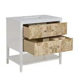Olena 36" Single Vanity, Light Mappa Burl and Polished White, w/ 3 CM Siberian Silestone Top