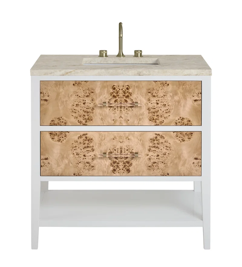 Olena 36" Single Vanity, Light Mappa Burl and Polished White, w/ 3 CM Tajnar Eclos Top