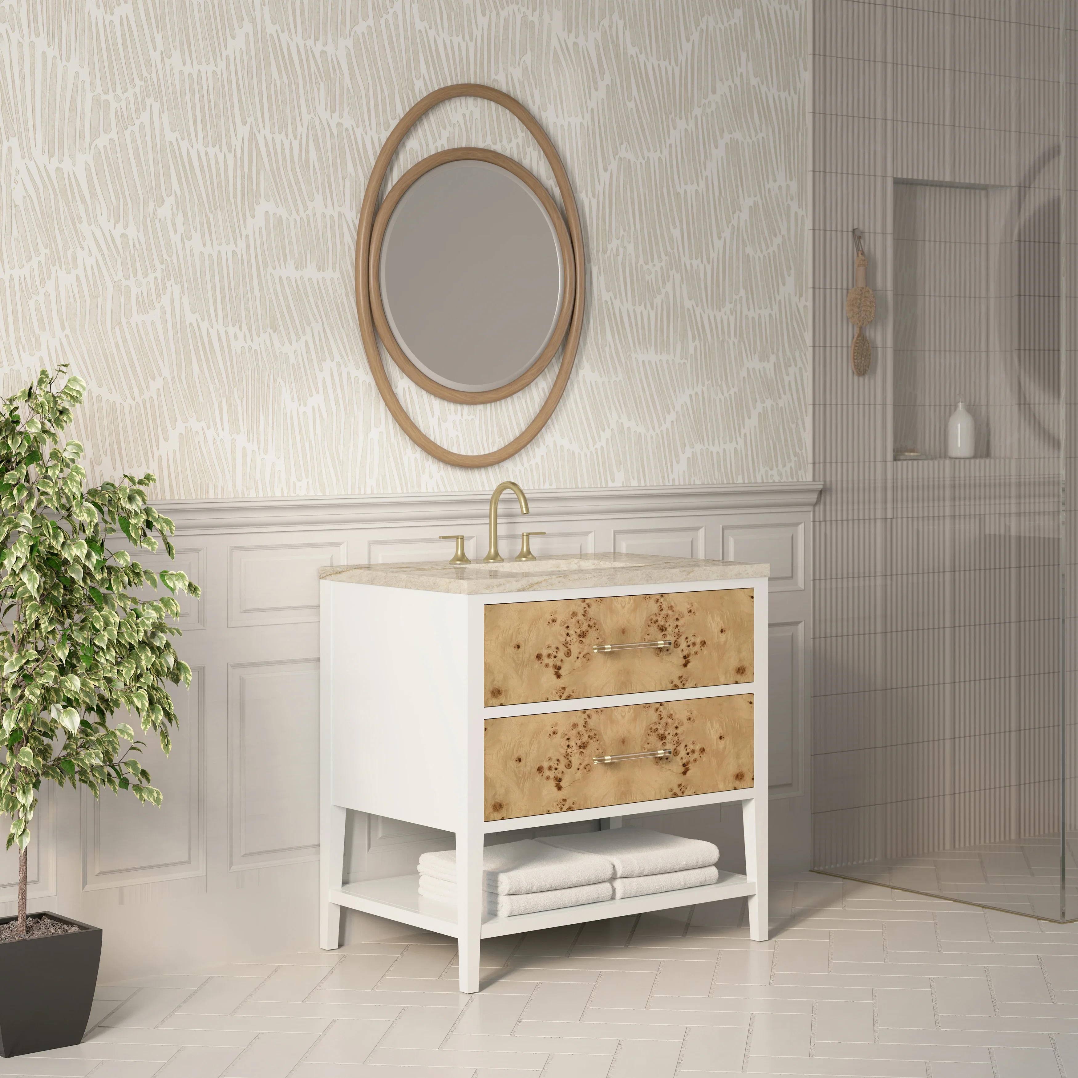 Olena 36" Single Vanity, Light Mappa Burl and Polished White, w/ 3 CM Tajnar Eclos Top