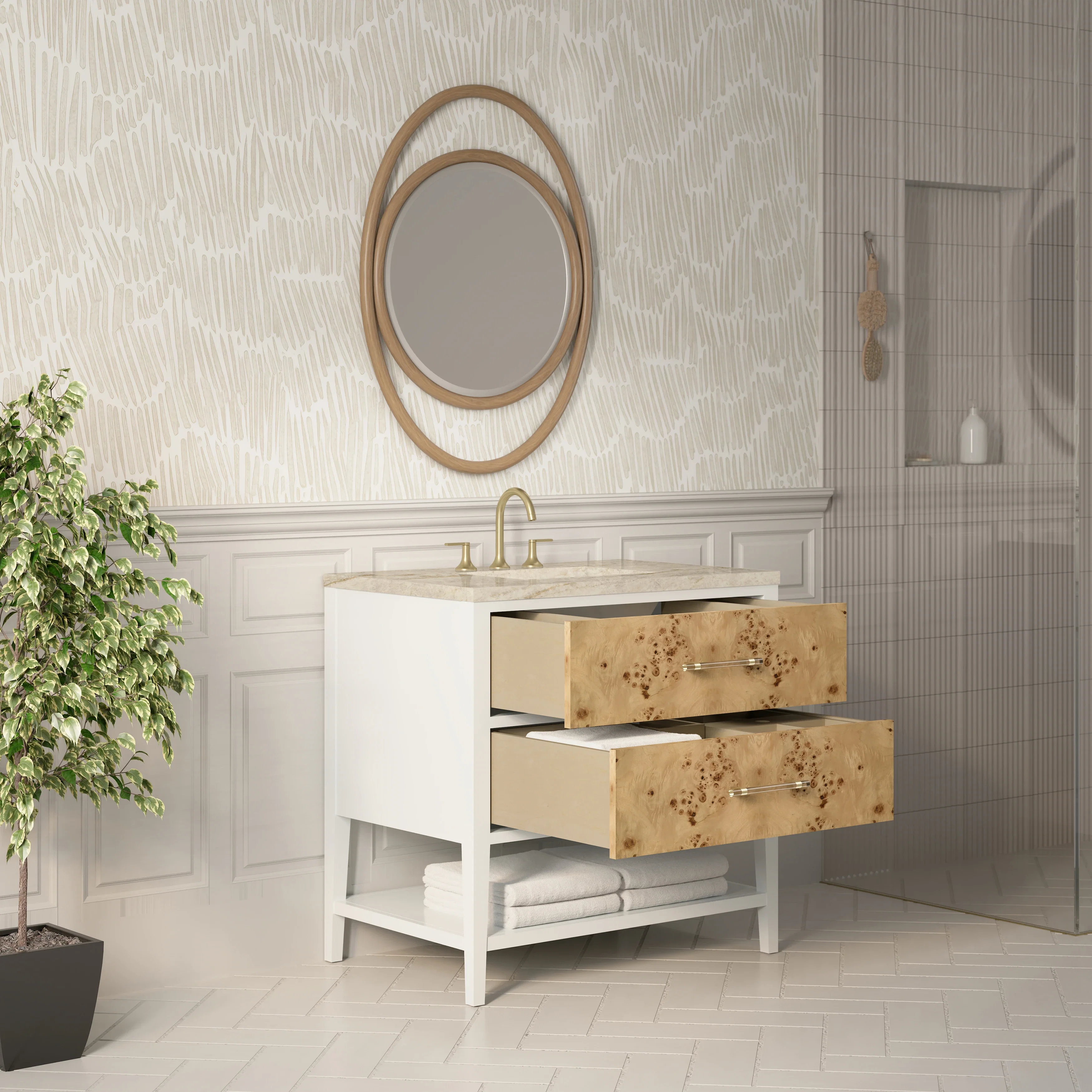 Olena 36" Single Vanity, Light Mappa Burl and Polished White, w/ 3 CM Tajnar Eclos Top