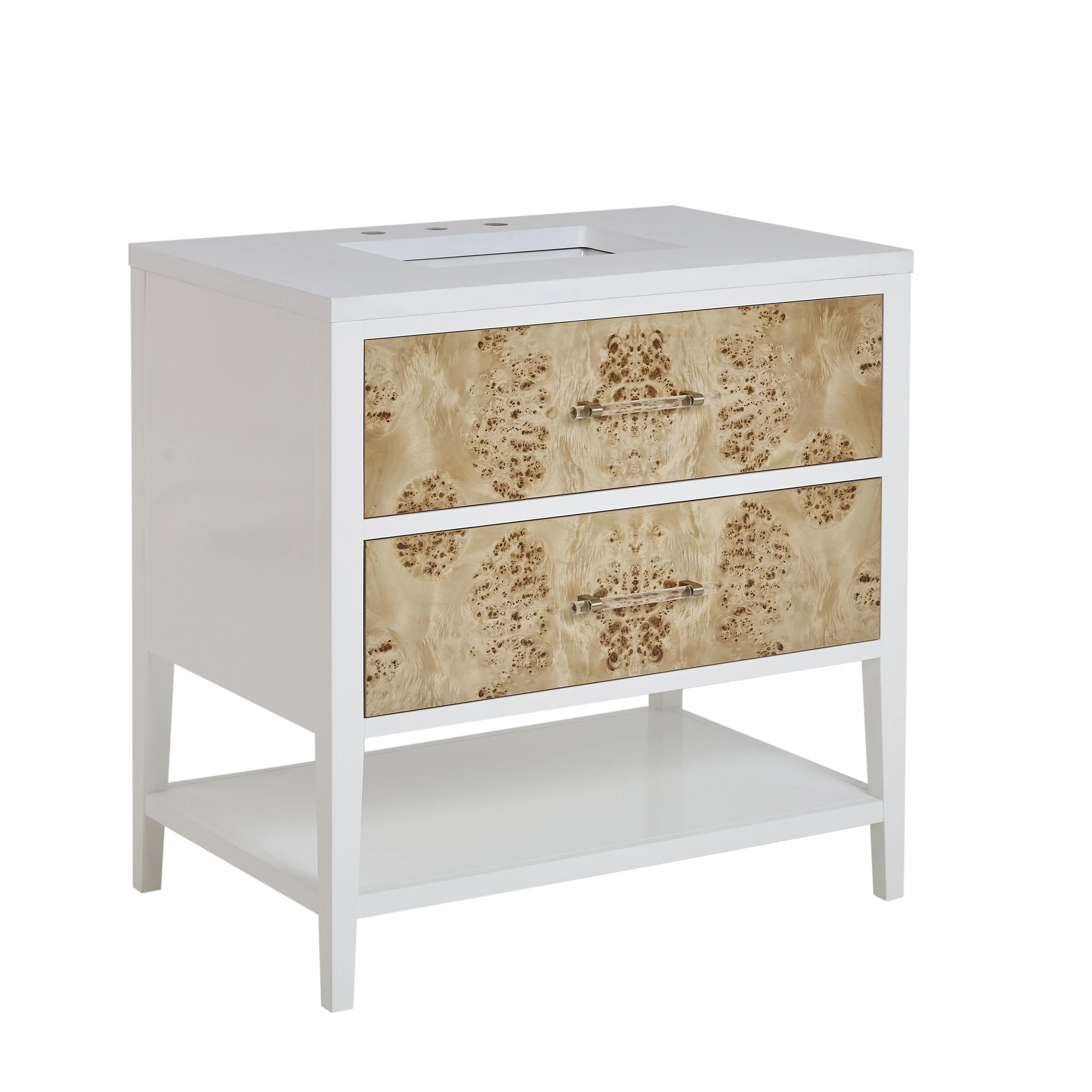 Olena 36" Single Vanity, Light Mappa Burl and Polished White w/ 3 CM White Zeus Silestone Top