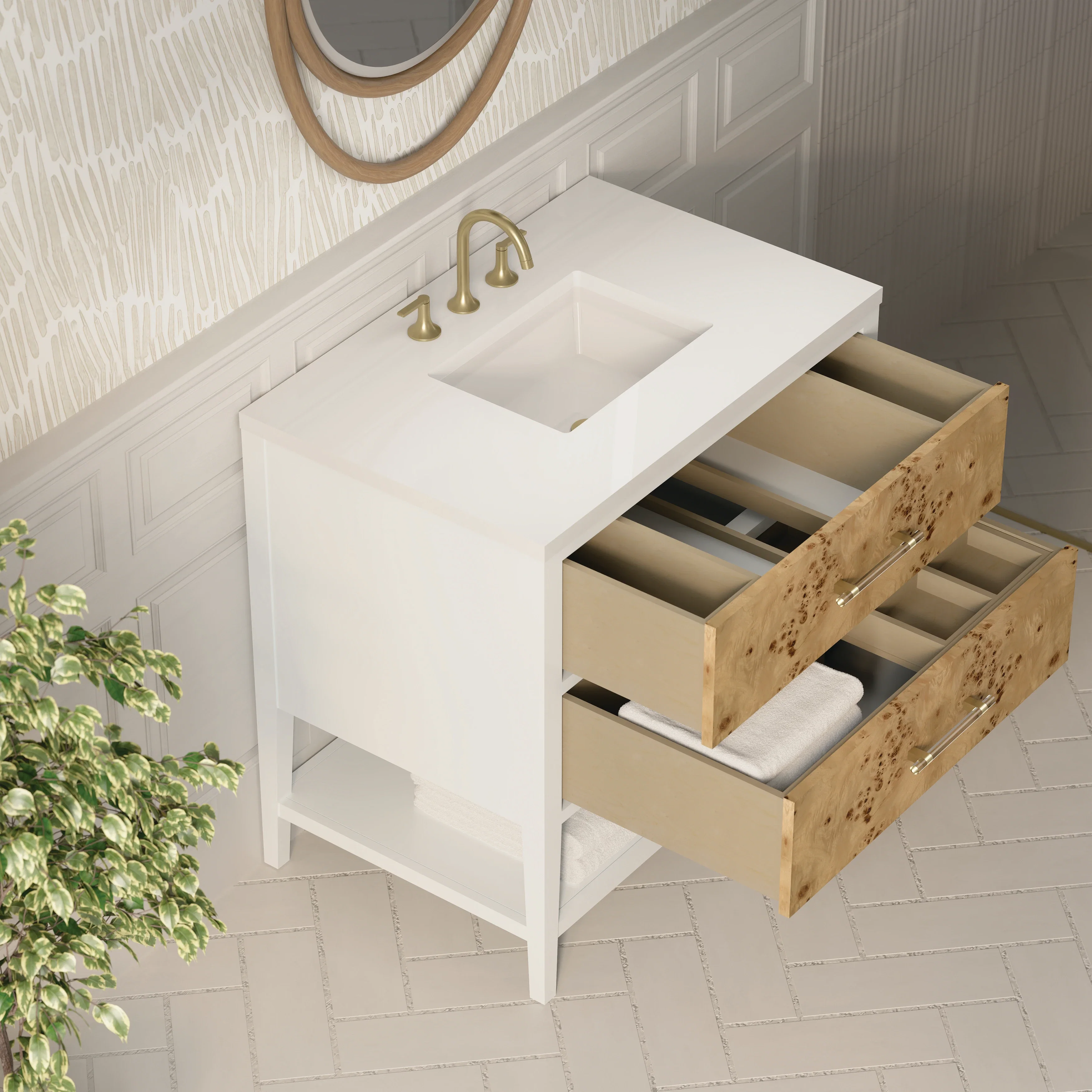 Olena 36" Single Vanity, Light Mappa Burl and Polished White w/ 3 CM White Zeus Silestone Top
