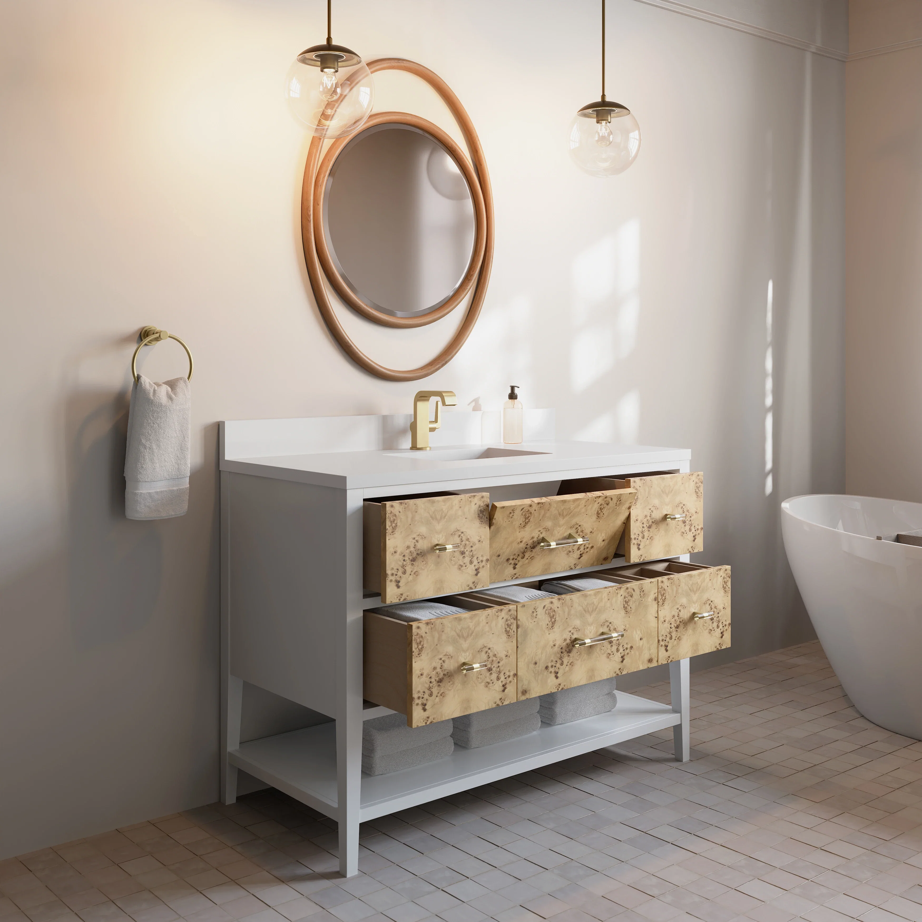 Olena 48" Single Vanity, Light Mappa Burl and Polished White w/ Single Hole 3 CM White Zeus Silestone Top & Backsplash