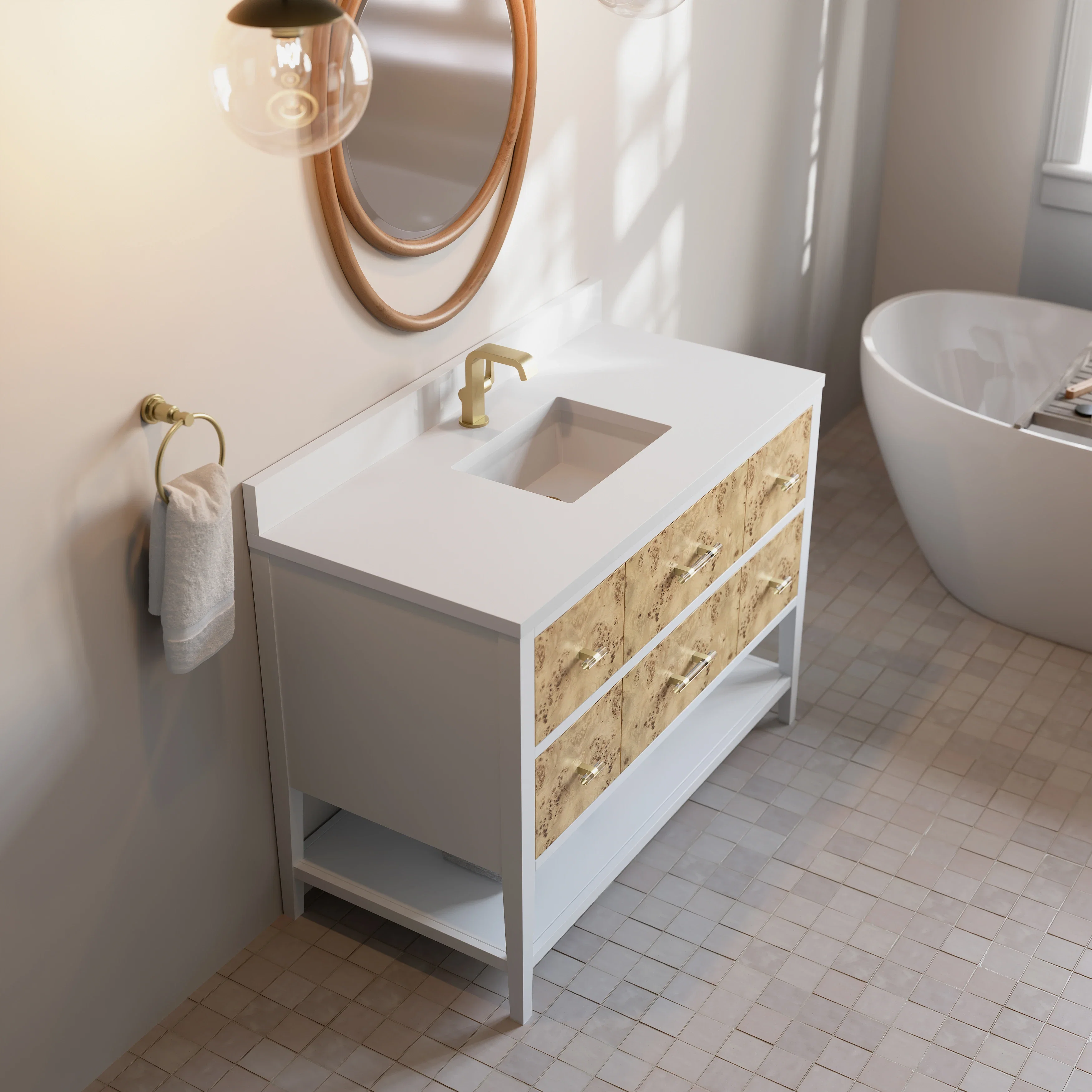 Olena 48" Single Vanity, Light Mappa Burl and Polished White w/ Single Hole 3 CM White Zeus Silestone Top & Backsplash