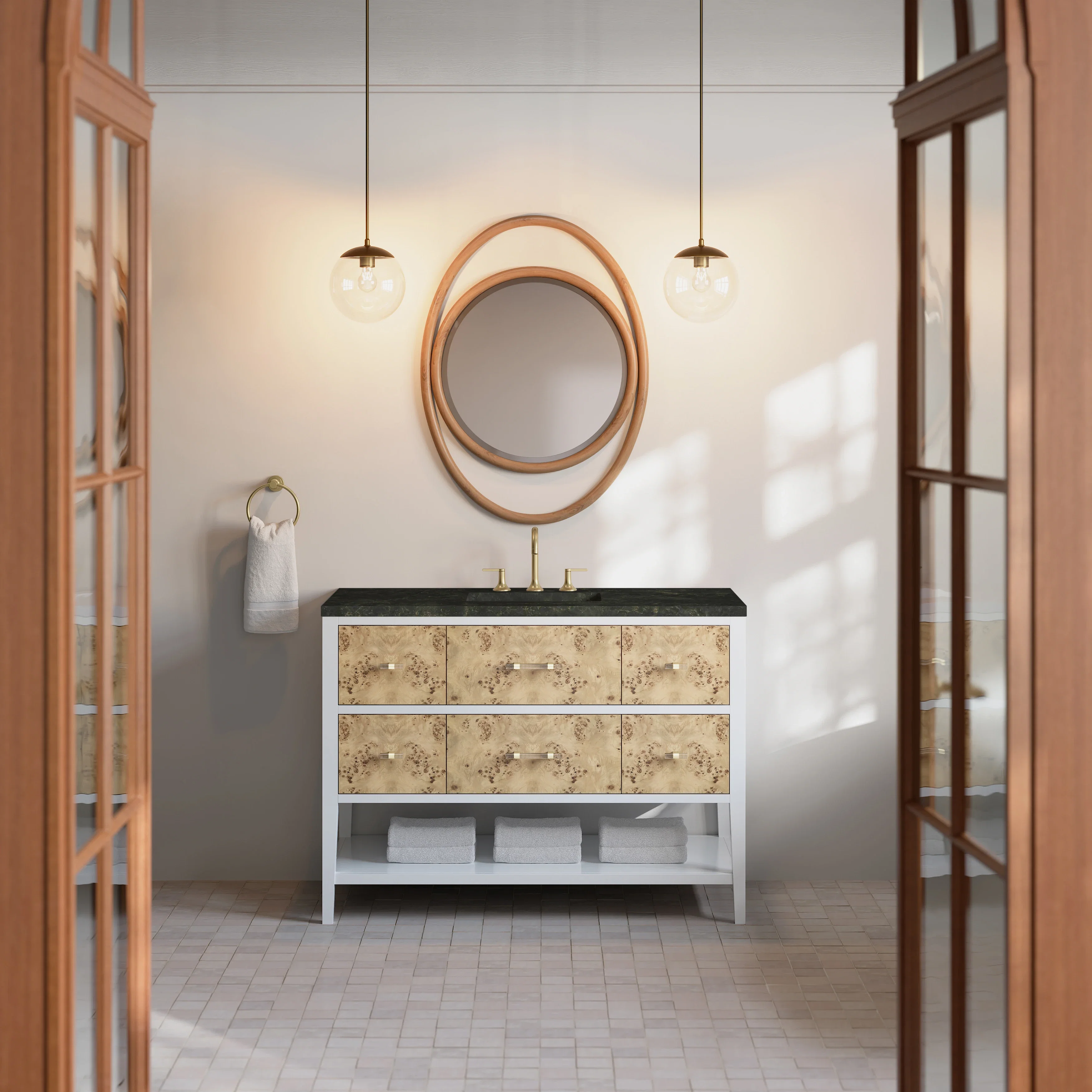 Olena 48" Single Vanity, Light Mappa Burl and Polished White, w/ 3 CM Phantome Eclos Top
