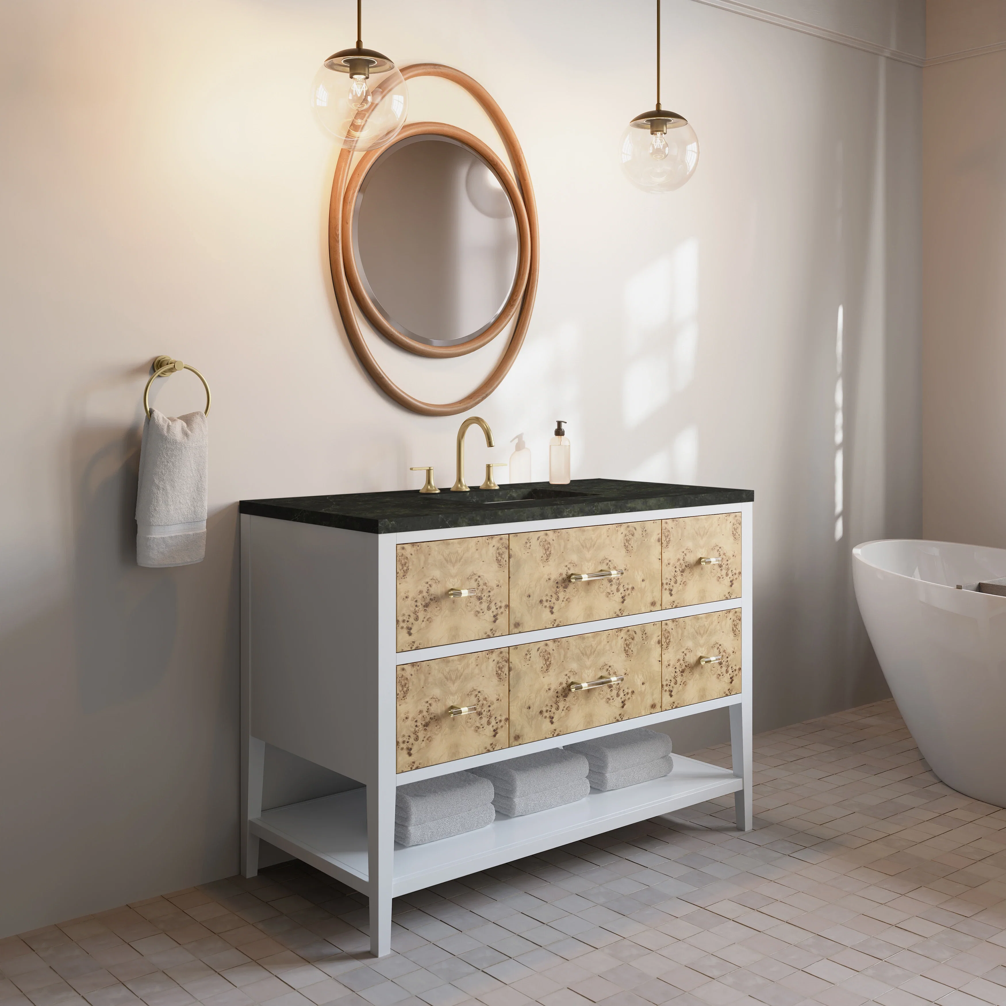 Olena 48" Single Vanity, Light Mappa Burl and Polished White, w/ 3 CM Phantome Eclos Top