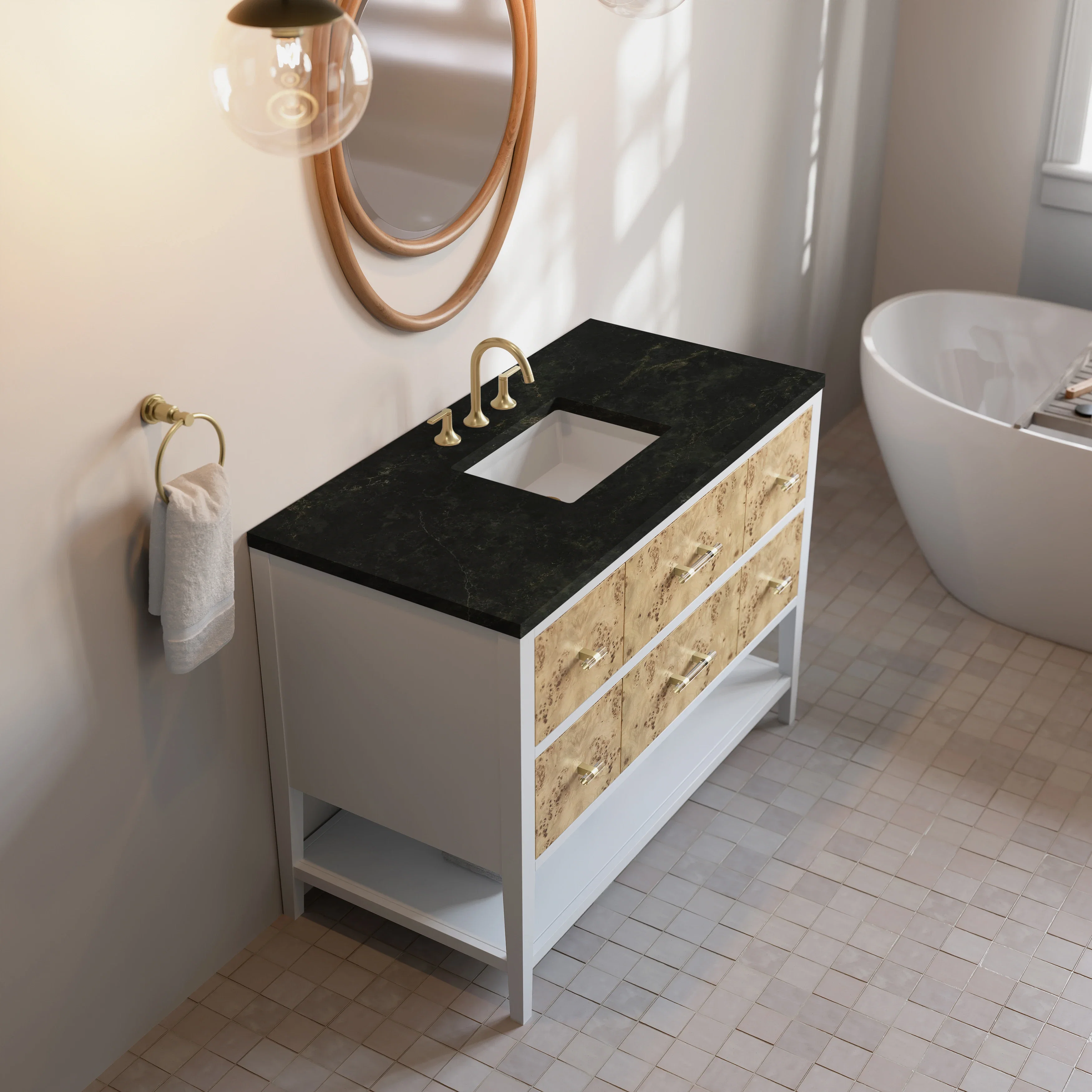 Olena 48" Single Vanity, Light Mappa Burl and Polished White, w/ 3 CM Phantome Eclos Top