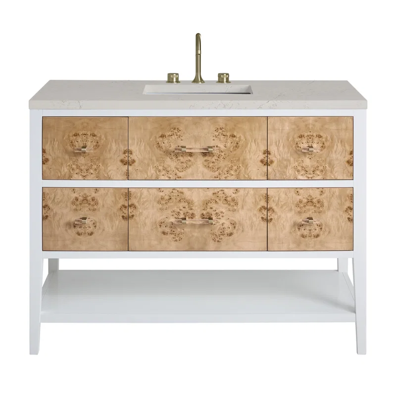 Olena 48" Single Vanity, Light Mappa Burl and Polished White, w/ 3 CM Siberian Silestone Top
