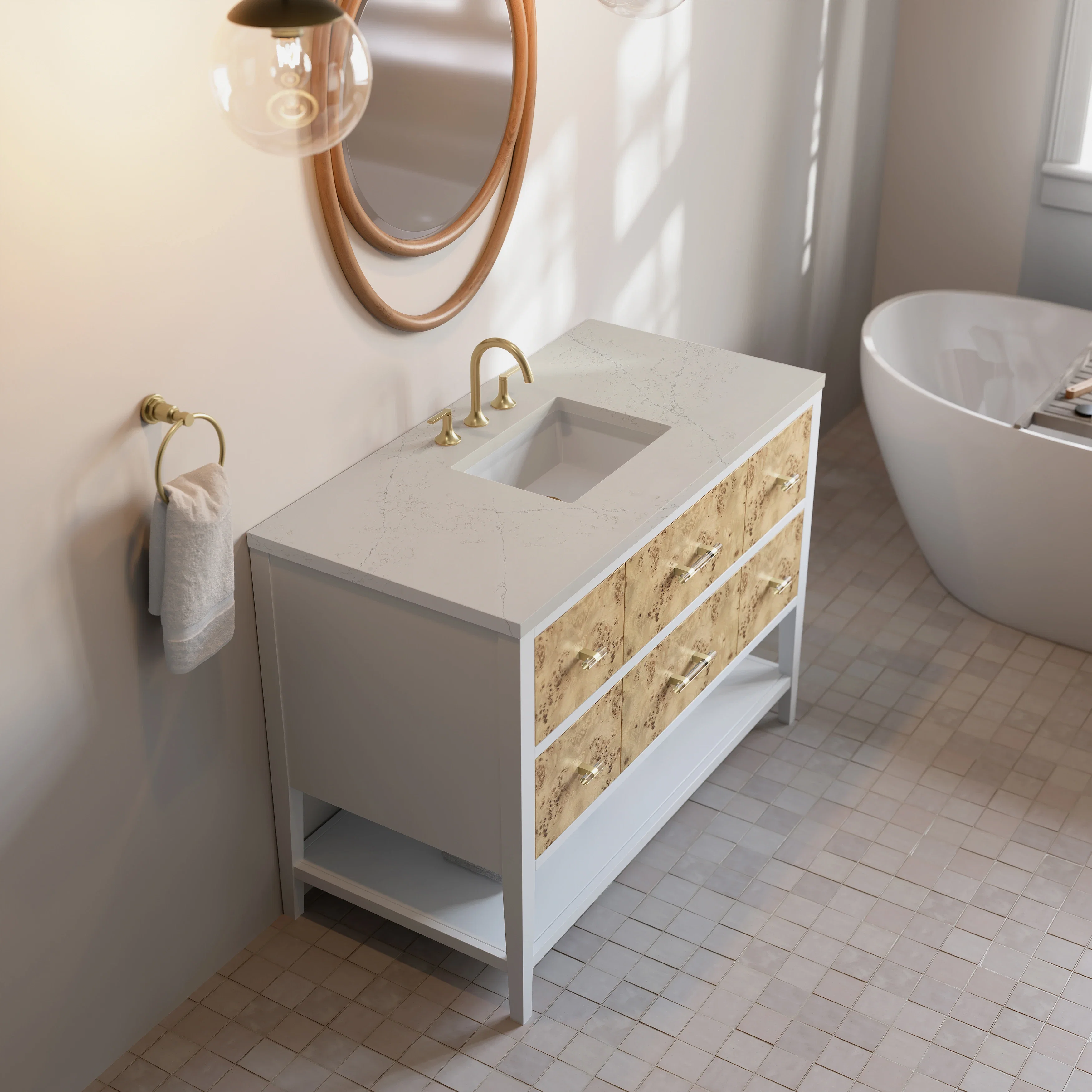 Olena 48" Single Vanity, Light Mappa Burl and Polished White, w/ 3 CM Siberian Silestone Top