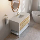 Olena 48" Single Vanity, Light Mappa Burl and Polished White, w/ 3 CM Siberian Silestone Top