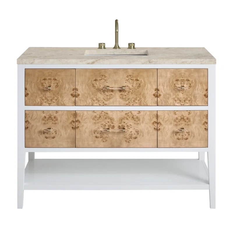 Olena 48" Single Vanity, Light Mappa Burl and Polished White, w/ 3 CM Tajnar Eclos Top