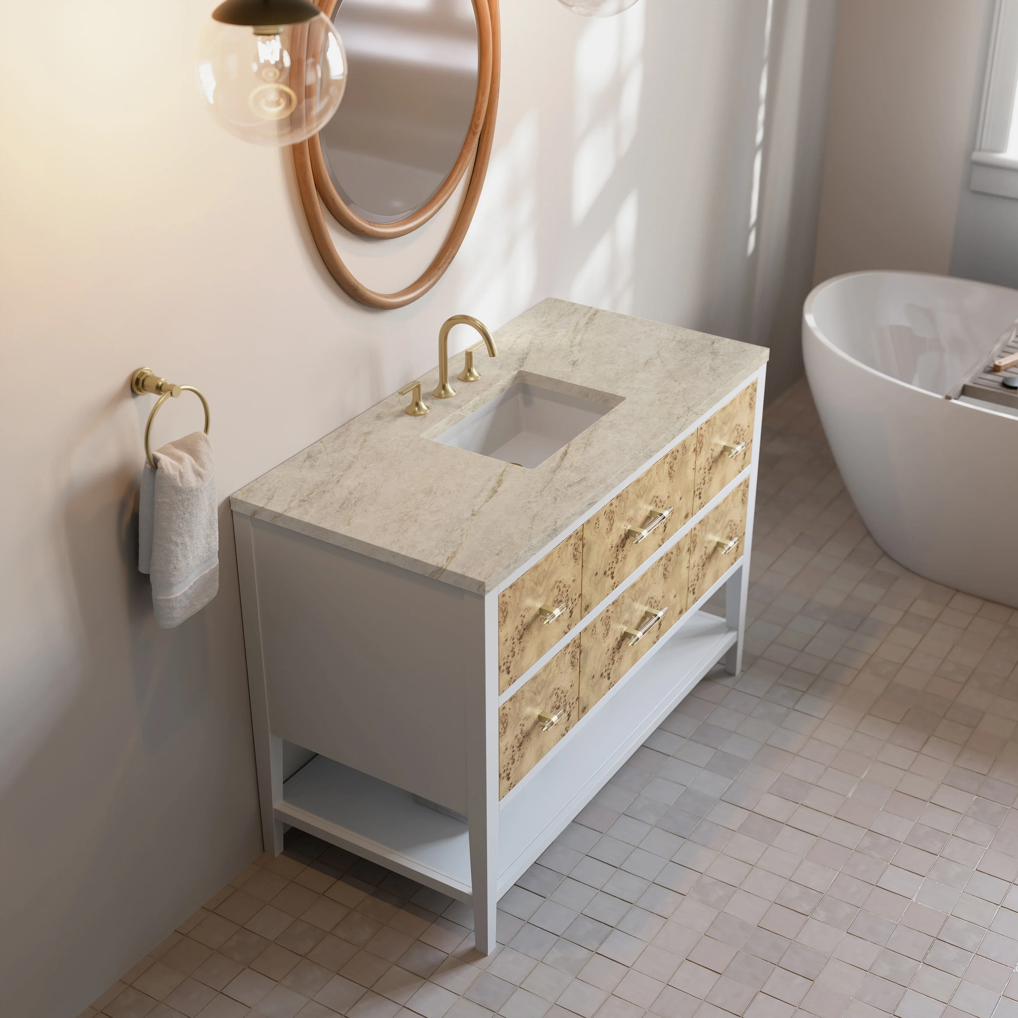 Olena 48" Single Vanity, Light Mappa Burl and Polished White, w/ 3 CM Tajnar Eclos Top