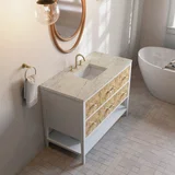 Olena 48" Single Vanity, Light Mappa Burl and Polished White, w/ 3 CM Tajnar Eclos Top