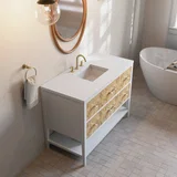 Olena 48" Single Vanity, Light Mappa Burl and Polished White w/ 3 CM White Zeus Silestone Top